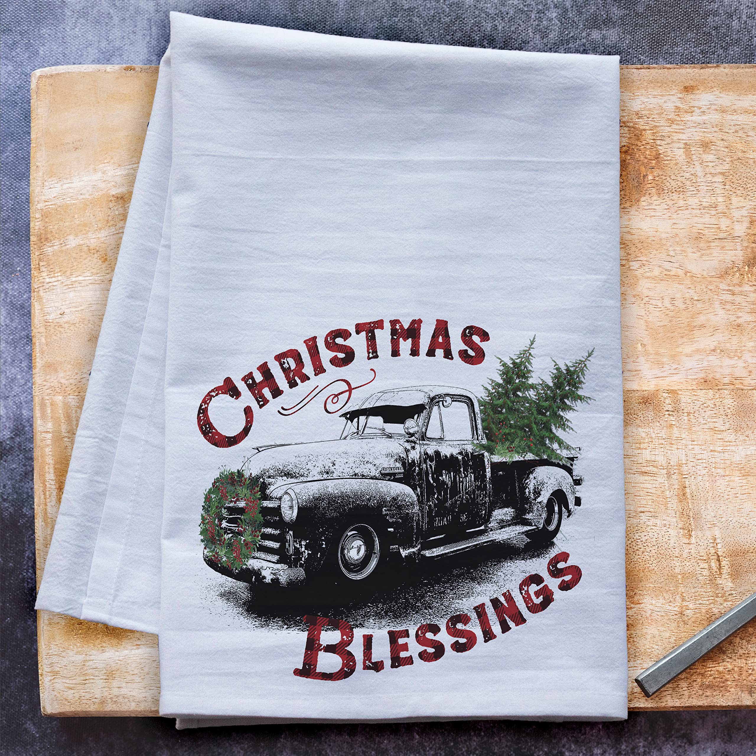 Christmas Flour Sack Dish Towels - Holiday Kitchen Tea Towels Set for Xmas Decor (Old Truck Design) - Perfect for Holiday Baking, Gift Wrapping & Festive Home Decor