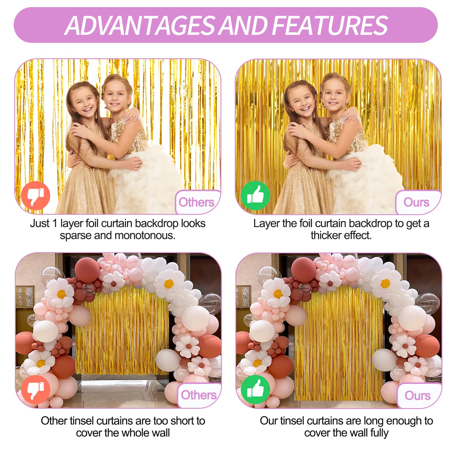 Crosize 4 Pack Gold Foil Fringe Curtains 3.3x8.2ft - Sparkling Party Backdrop, Tinsel Door Streamers for Birthday, Wedding, Baby Shower & Holiday Decorations - Glittering Photo Booth Background for Events & Celebrations