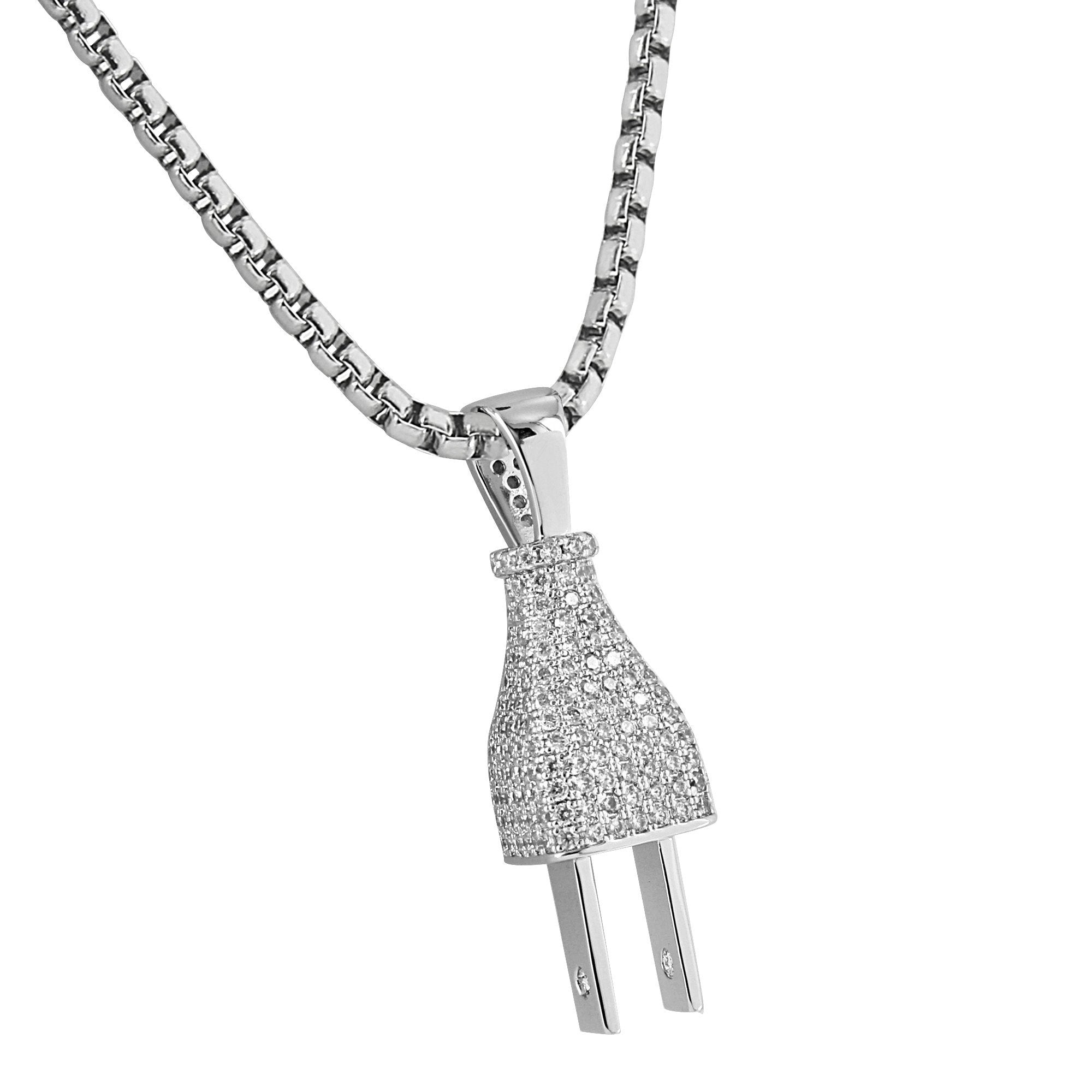 14K White Gold Plated Pendant Socket with Lab Diamonds - 24 Inch Chain for Switch Plug - Elegant Jewelry for Parties, Gifts & Special Occasions