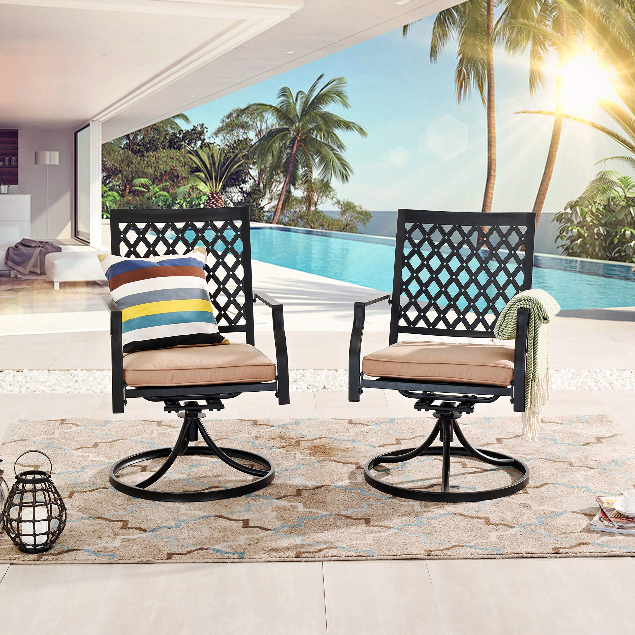 LOKATSE HOME 2-Piece Outdoor Patio Dining Swivel Rocking Chairs Set - Beige Metal Garden Backyard Furniture for Relaxing, Lounging & Entertaining Guests