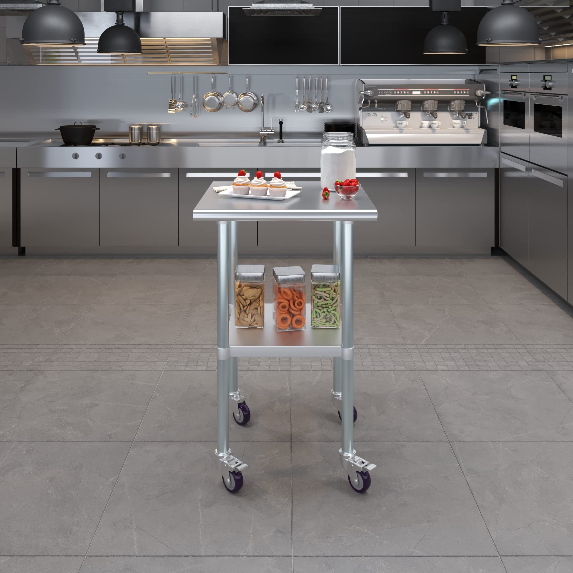AmGood 24x24 Inch Stainless Steel Work Table with Wheels - Heavy Duty Rolling Utility Cart for Kitchen, Restaurant, Garage & Commercial Use | Mobile Prep Table, Kitchen Island Cart, Workbench with Casters