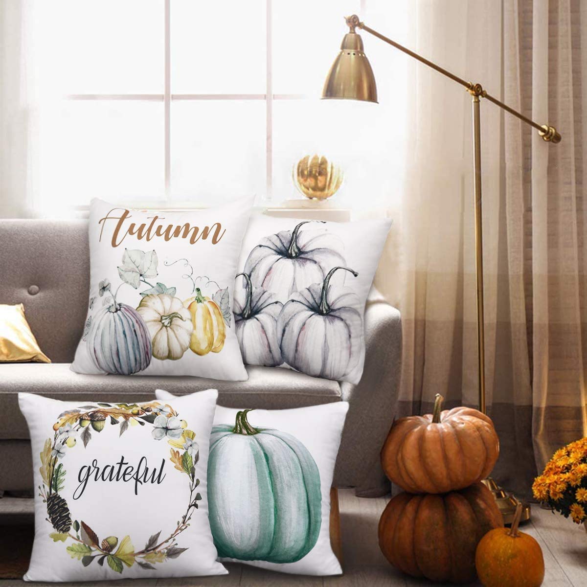Autumn Pumpkin Pillow Covers 18x18 Inches Set of 4 - Fall Throw Pillow Cases for Couch, Sofa & Bed - Thanksgiving Home Decor for Living Room, Porch & Seasonal Decorations