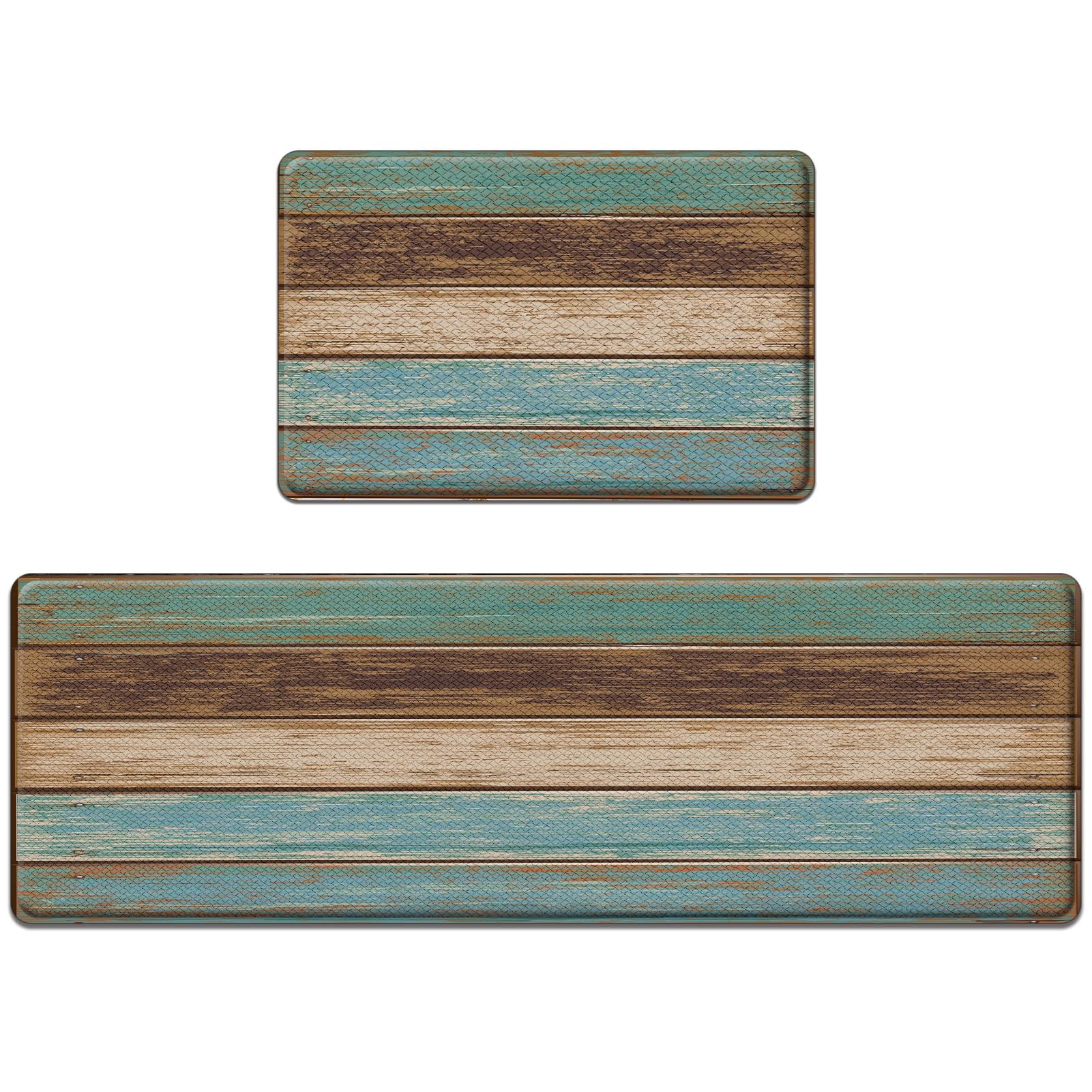 Anti-Fatigue Kitchen Rug Set of 2 - Cushioned Teal & Brown Floor Mats for Standing Comfort, Waterproof Non-Slip PVC Foam - Perfect for Kitchen, Office, or Laundry Room