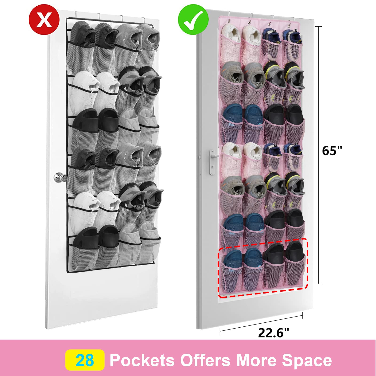 Over the Door Shoe Organizer with 28 Mesh Pockets - Space Saving Hanging Shoe Storage Rack for Closet, Entryway, Bedroom & Bathroom - Holds Men's Sneakers & Women's Shoes (2 Pack, Pink) - Perfect for Small Spaces & Shoe Organization