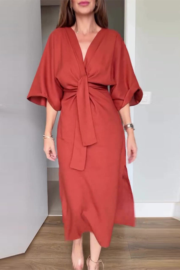 Solid Color V-Neck Half Sleeve Casual Waist-Tied Midi Dress for Women - Perfect for Summer Outings, Beach Vacations & Date Nights