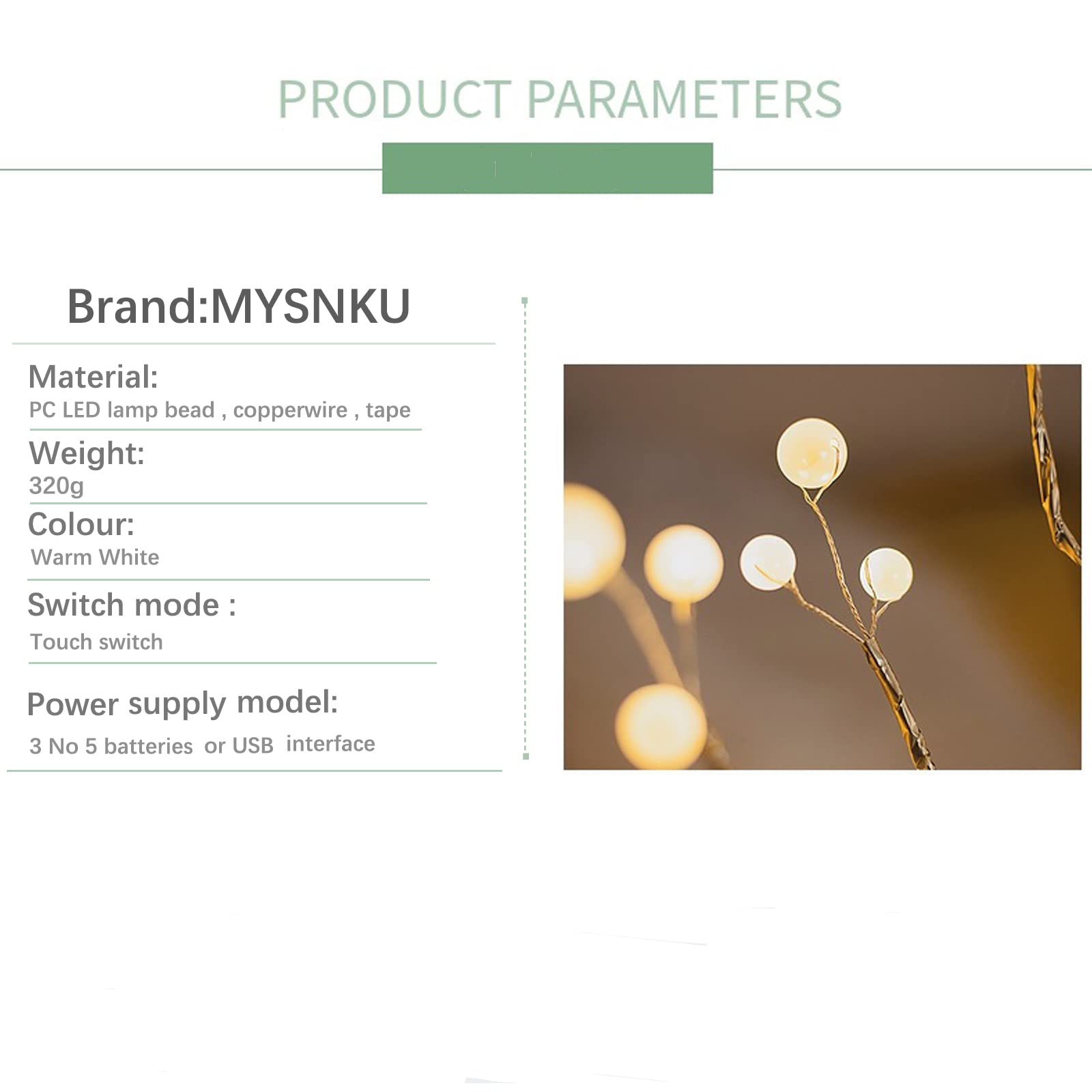MYSNKU DIY LED Desk Tree Lamp - 36 Pearl LED Lights with Touch Switch, Battery or USB Powered - Perfect for Home, Bedroom, Office, Wedding & Party Decor (Nordic Style)