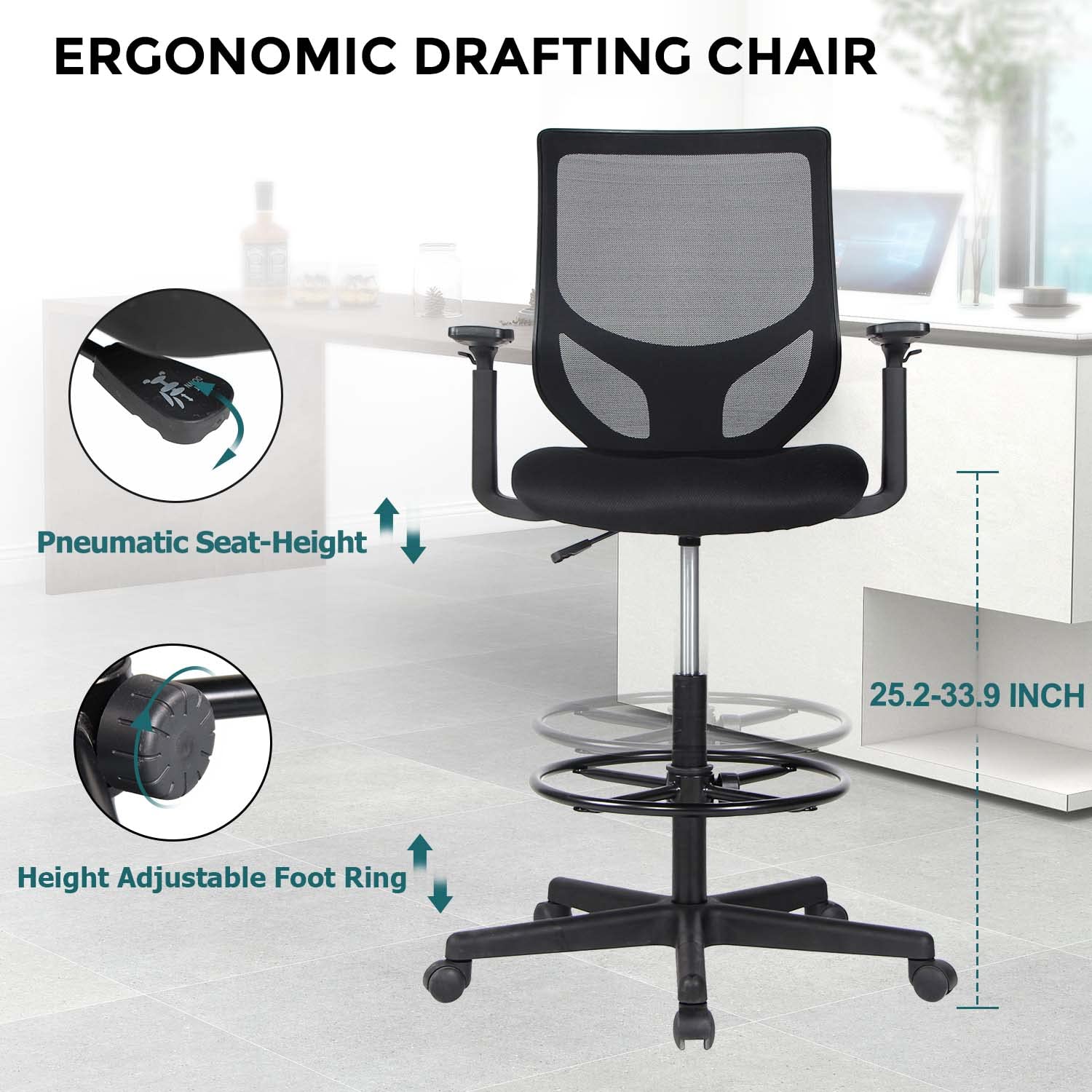 SMUG Adjustable Drafting Chair - Tall Office Chair with Mid Back Mesh & Foot Ring - Ergonomic Desk Chair for Standing Workstations - Perfect for Architects, Artists & Home Office Use
