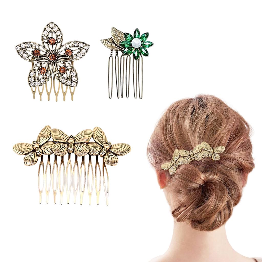 MAYCREATE® 3-Piece Vintage Hair Comb Clips Set - Gold Metal Rhinestone Side Combs for Women | Decorative Bun Clips & Crystal Bridal Hair Pins | Perfect for Weddings, Prom, Parties & Everyday Elegance