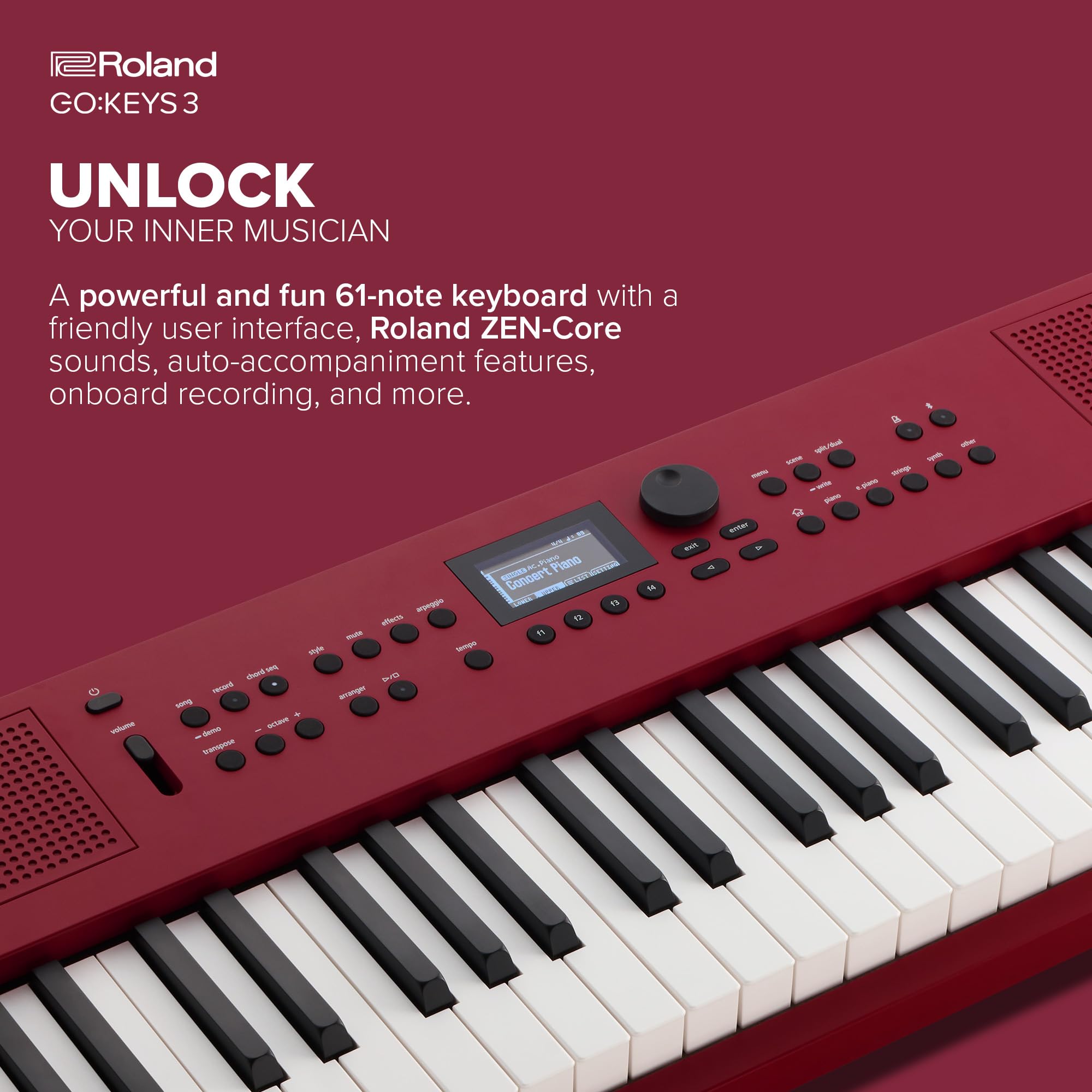 Roland GO:KEYS 3 61-Key Portable Music Keyboard with Built-In Stereo Speakers | Bluetooth Audio & MIDI Connectivity | Ideal for Home Studio, Live Performance & Music Learning - Dark Red