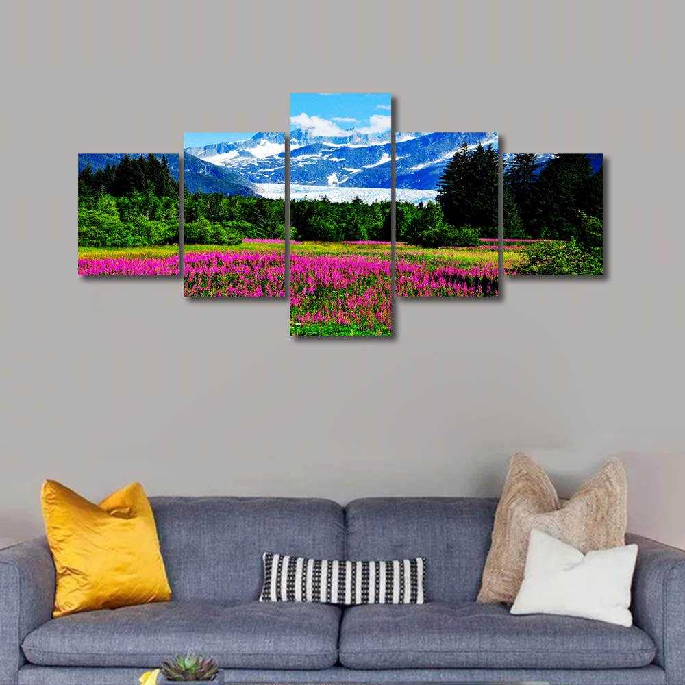 5-Panel Panoramic Canvas Wall Art - Glacier, Alaska Mountains, Flowers & Forest Landscape - Ready to Hang Picture Frames for Living Room, Bedroom & Home Office Decor | Perfect for Nature Lovers & Modern Interior Design