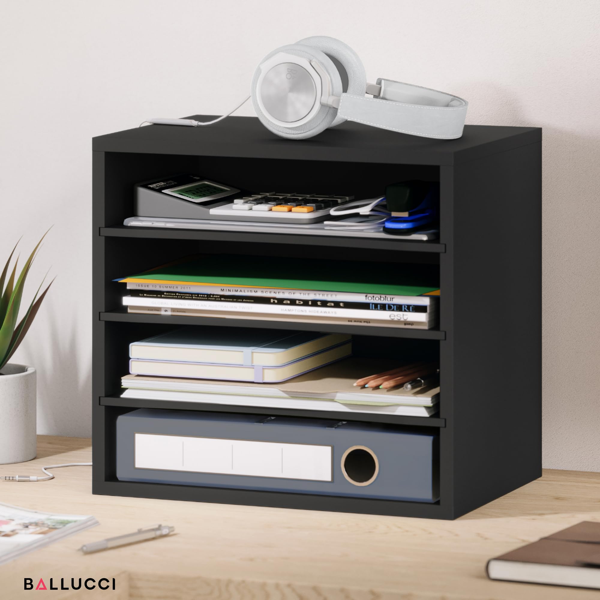 Ballucci 4-Tier Stackable Paper Organizer Tray - Black Desk Storage Shelves for Letter Paper, Documents & Files | Perfect for Office, Classroom & Home Workspace Organization