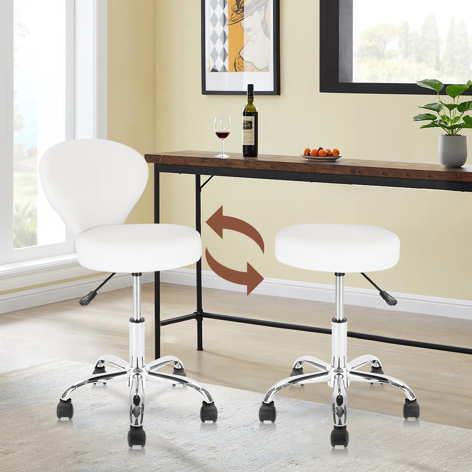 4 Pack PVC Faux Leather Rolling Swivel Salon Stools - Adjustable Hydraulic Height (15-22 Inch) with Low Back Support - Perfect for Office, Massage, Facial Spa, Medical & Tattoo Parlors - White Salon Chairs for Professional & Home Use