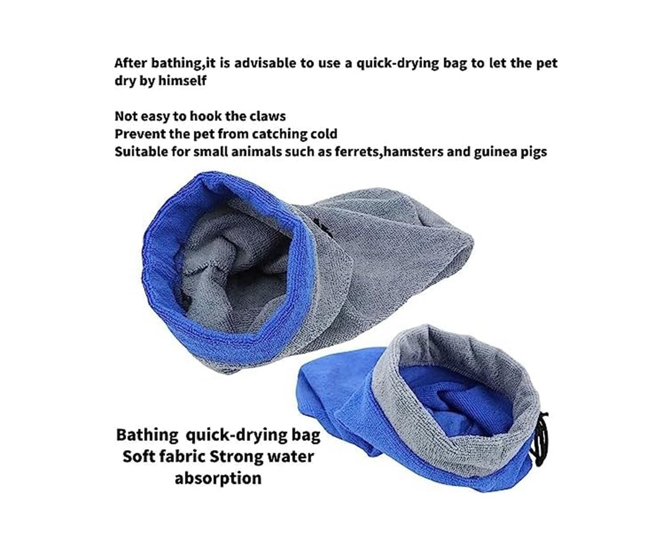2PC Ferret Bath Towel Bag - Super Absorbent & Quick Drying Small Animal Bathrobe with Adjustable Drawstring for Ferrets, Chinchillas, Guinea Pigs (Blue & Grey) - Perfect for Post-Bath Drying & Cage Comfort