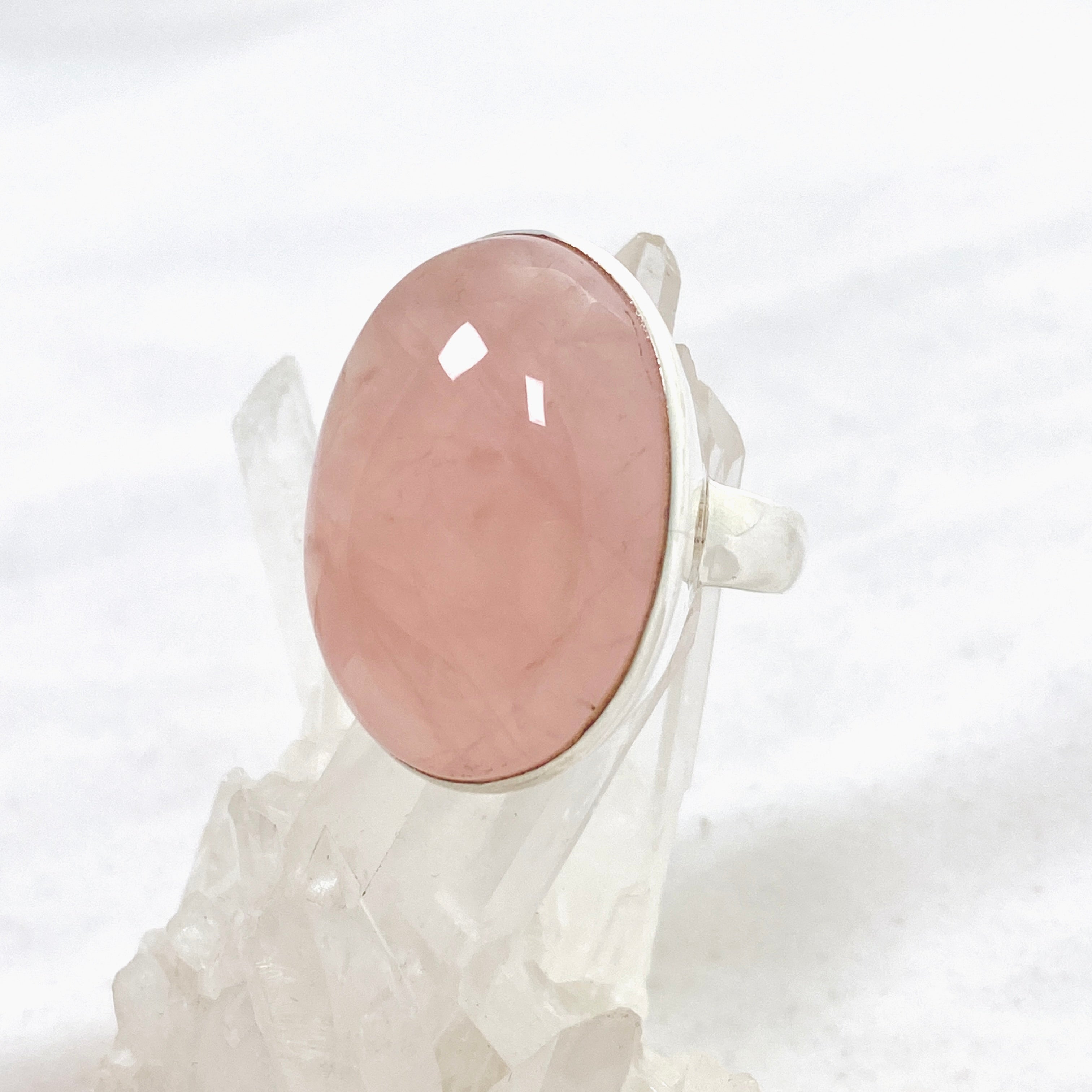 Rose Quartz Oval Cabochon Ring - Size 12 Sterling Silver Adjustable Band - PRGJ556 - Perfect for Meditation, Healing & Boho Fashion Jewelry