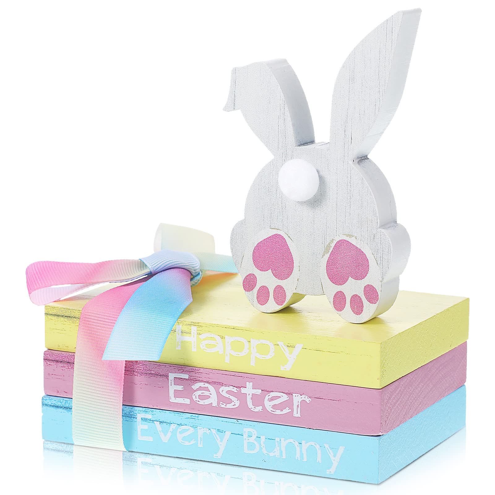 4-Piece Easter Table Decor Set - Happy Easter Bunny Wooden Signs, Farmhouse Wooden Blocks, Rustic Spring Decor for Tiered Trays, Fireplace & Living Room - Perfect for Easter Party, Home & Farmhouse Decorations