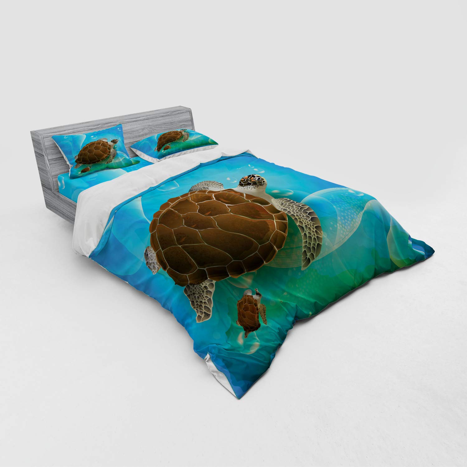 Ambesonne Ocean Themed Duvet Cover Set - Turtle Family Swimming in Bubbles Underwater Cartoon Design, 4-Piece Queen Size Bedding Set with Shams & Fitted Sheet, Green Blue Brown - Perfect for Kids' Rooms & Beach Themed Bedrooms