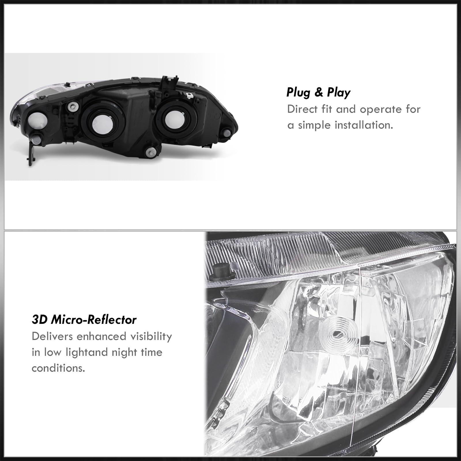 Black Clear Lens Headlights for Civic Sedan 2006-2011 - Bumper Lamps Assembly Pair - Night Driving Upgrade