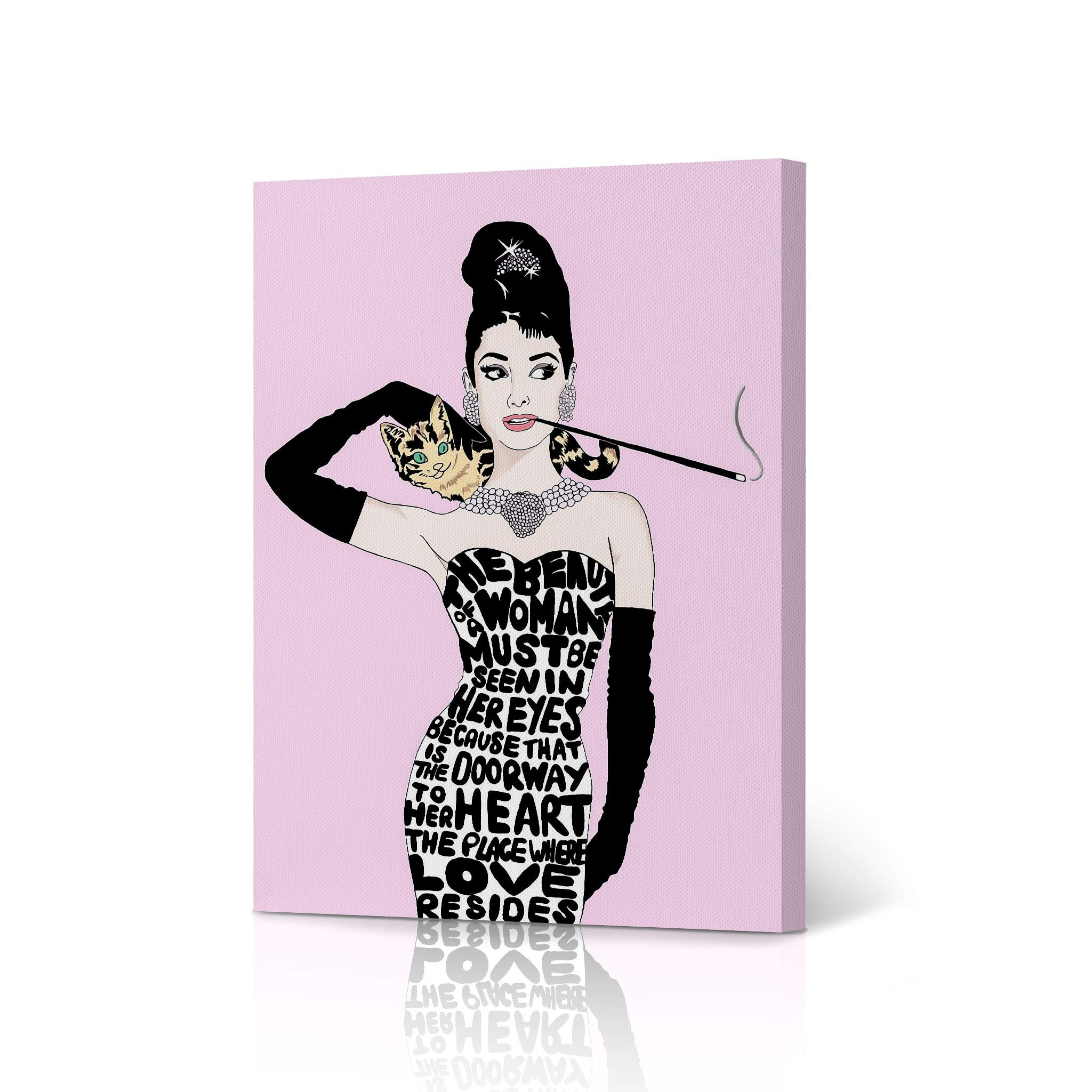 Audrey Hepburn Wall Art with Cat - Breakfast at Tiffany's Movie Digital Print on Canvas - Pink Background Home Decor (40x30) for Bedroom & Living Room | Vintage Hollywood Artwork