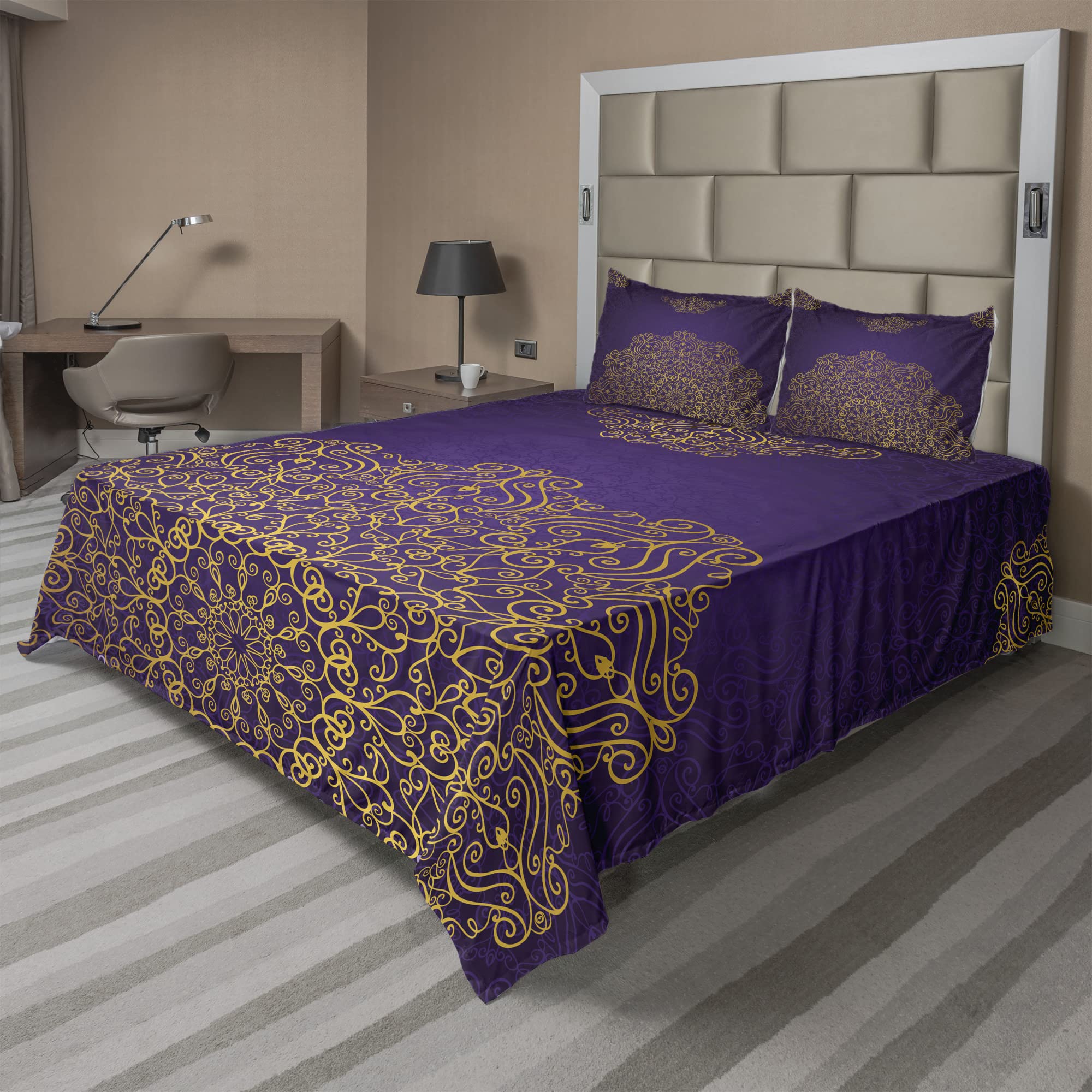Ambesonne Mandala Sheet Set 4-Piece King Size | Vintage Ottoman Motifs with Swirling Design | Purple & Yellow Bedding Set | Fitted & Flat Sheets with Pillowcases | Perfect for Bohemian & Eclectic Home Decor
