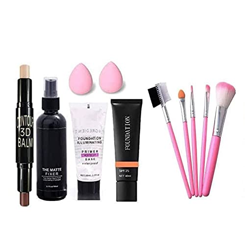 ZOOMIQUE 3D Contour Stick with Matte Fixer Spray - Waterproof Foundation Primer & Illuminating Makeup Base (100ml) - Includes 5 Pink Makeup Brushes & 2 Pink Beauty Blenders (11-Piece Set) - Perfect for Flawless Full-Face Makeup Application & Long-Lasting Coverage