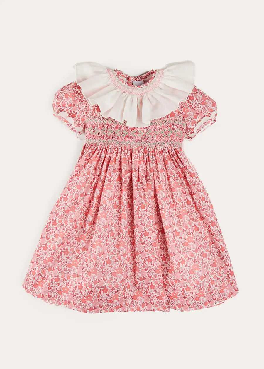 Emilia Floral Hand Smocked Ruffle Collar Short Sleeve Baby Girl Dress - Pink (Size 12 Months to 10 Years) | Perfect for Birthday Parties, Photo Shoots & Special Occasions