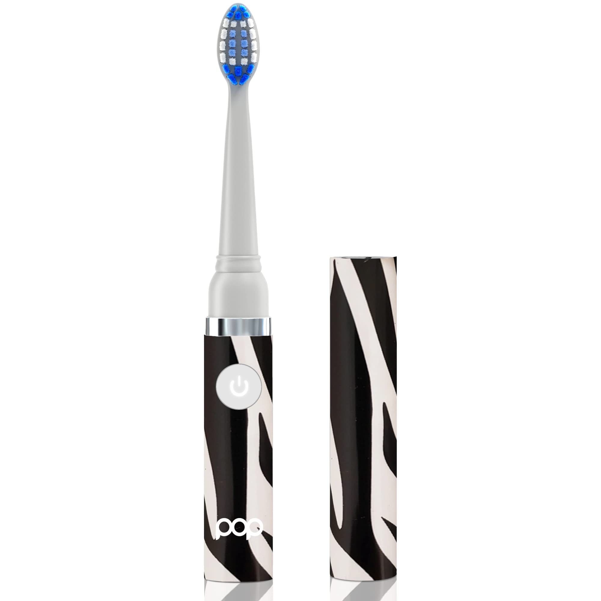 Pop Sonic Electric Toothbrush for Kids & Travel - Zebra Design, 2 Speed Modes (15,000-30,000 RPM), DuPont Nylon Bristles, Battery Powered - Perfect for Home, School & Family Trips