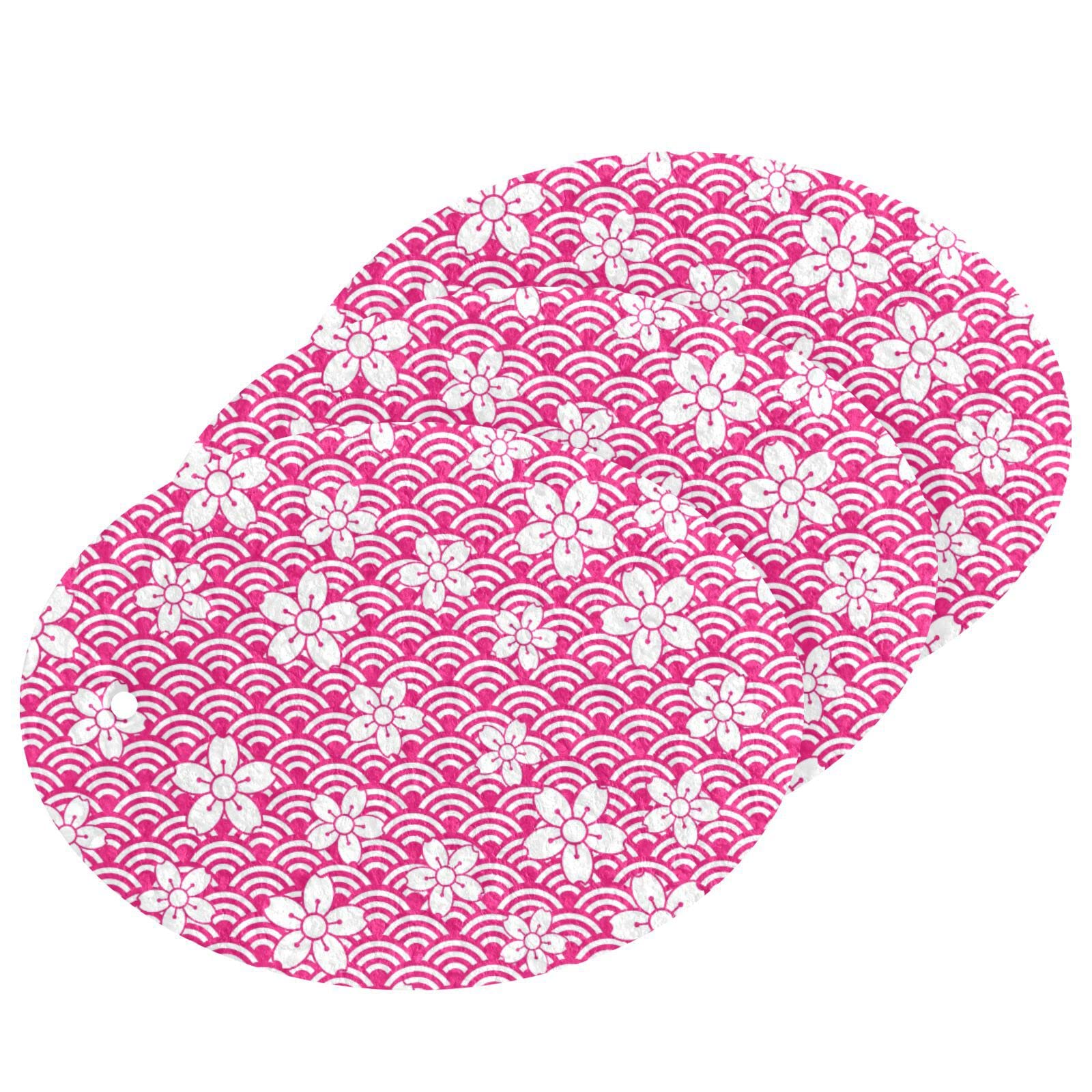 Kcldeci 3 Pack Japanese Cherry Blossom Persian Pattern Dish Scrub Sponge Pads - Durable Kitchen Sponges for Dishwashing, Household Cleaning, and Stainless Steel Sink Care