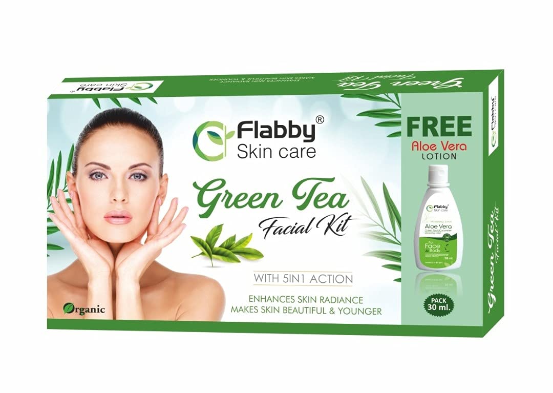 Green Tea Skin Whitening Facial Kit - 5-in-1 Flabby Skin Care Solution with Free Aloe Vera Lotion for All Skin Types | Brightening, Tightening & Hydrating for Daily Skincare Routine