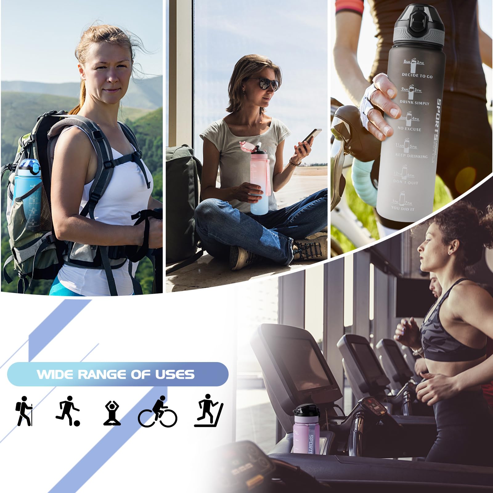 **AOHAN 32 oz BPA-Free Water Bottle with Time Marker & Straw - Leakproof, Dishwasher Safe, Motivational Sports Bottle for Gym, Hiking, Workouts (Haze Blue)**    **Usage Scenarios:** Perfect for gym workouts, hiking, running, yoga, office hydration, and outdoor adventures.