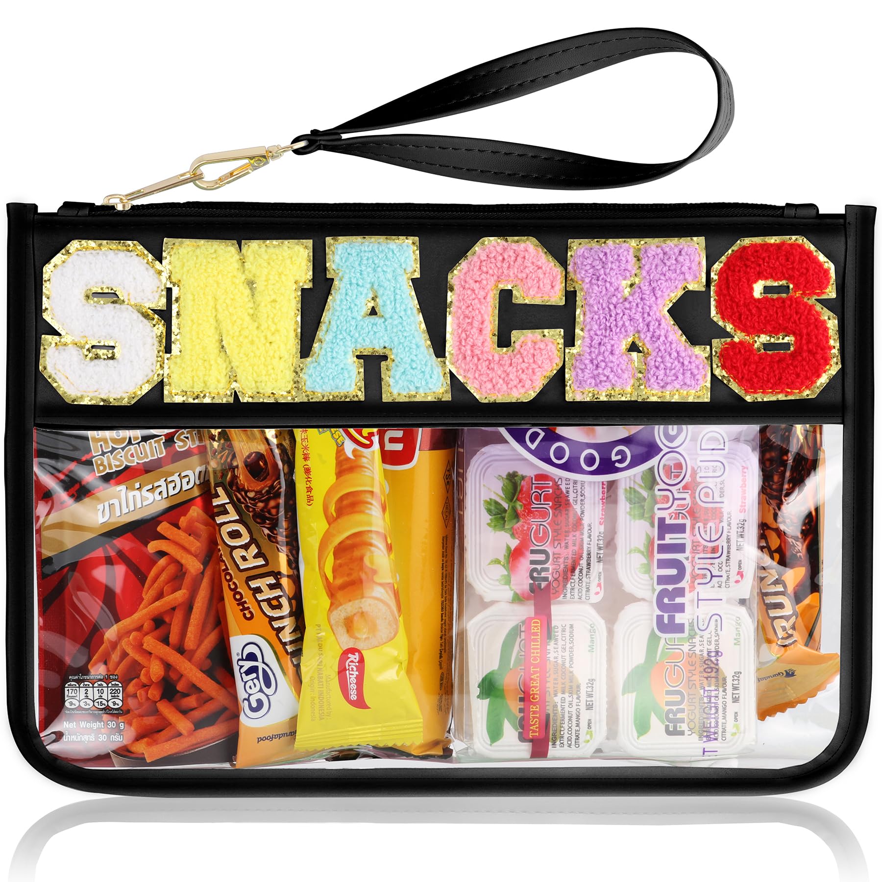 Clear Chenille Varsity Letter Zipper Pouch - Waterproof Nylon Snack & Makeup Bag for Travel | Perfect for School, Gym & Cosmetics Storage (Women & Girls)