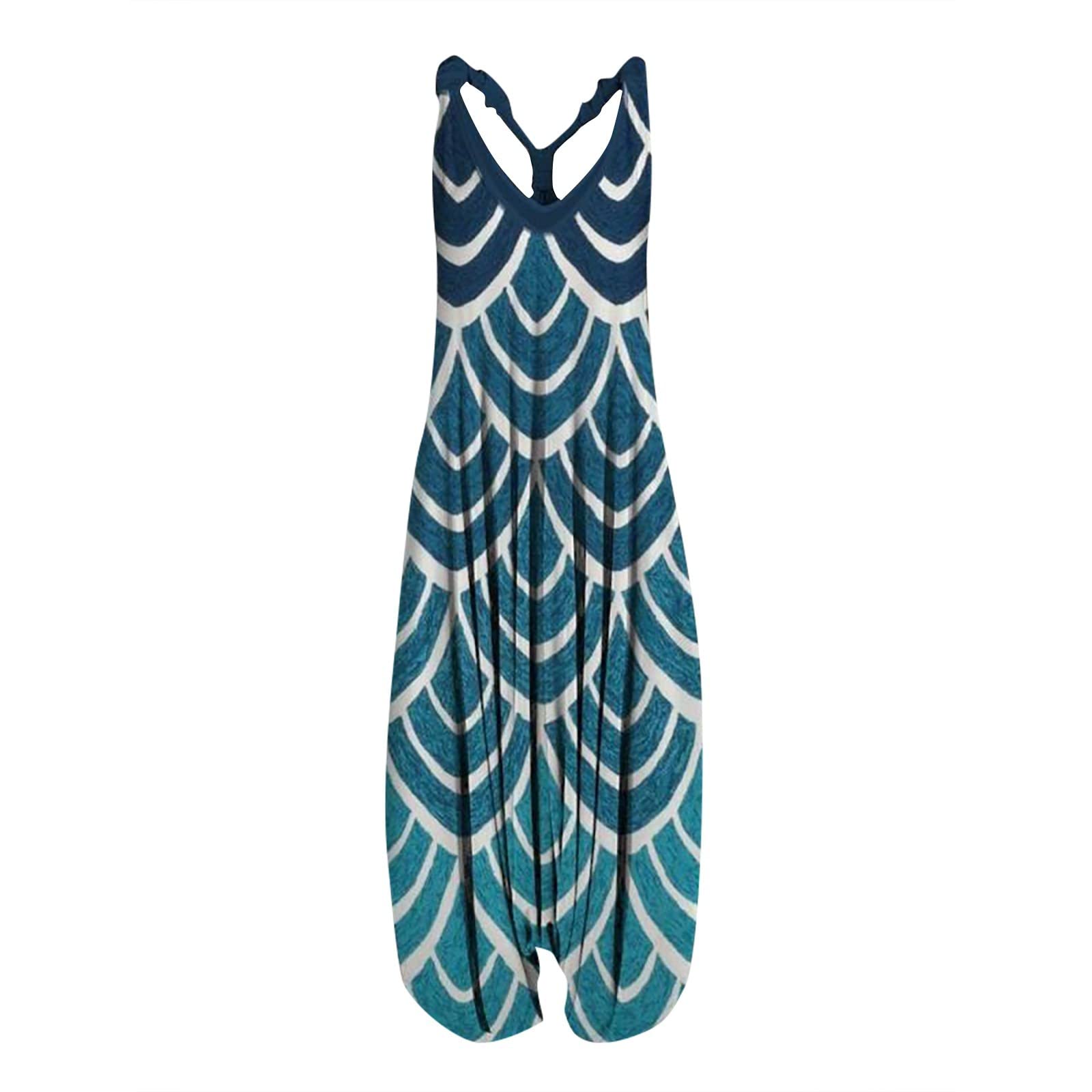 Plus Size Jumpsuits for Women - Vintage Boho Print Racerback Rompers with Spaghetti Straps | Casual Summer Sleeveless Outfit for Beach, Vacation & Boho Fashion