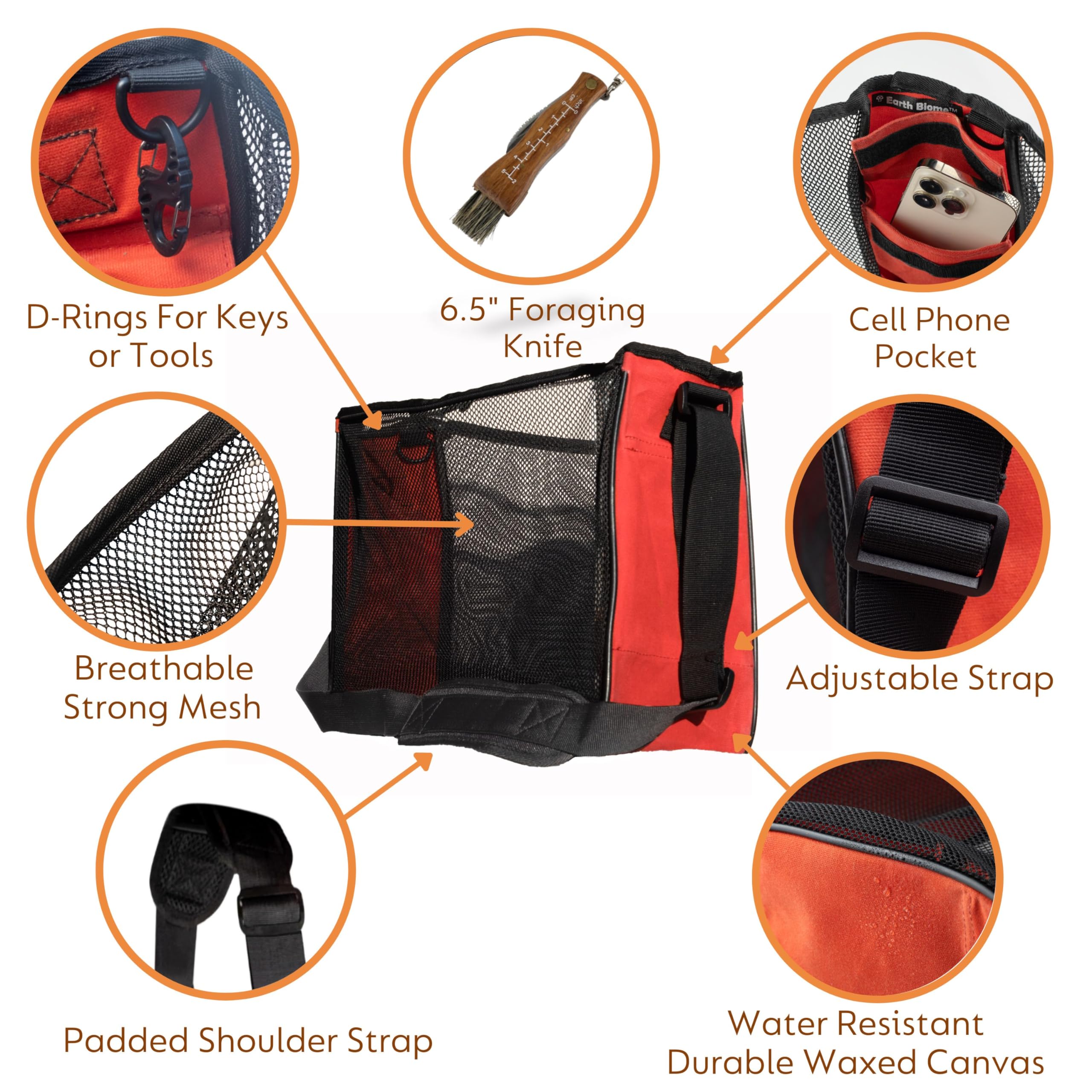 Premium Waxed Canvas & Mesh Mushroom Foraging Bag with Pockets - Durable Fruit & Vegetable Harvesting Kit - Farmers Market Tote with Wooden Knife (Red Orange) - Ideal for Wild Mushroom Hunting, Berry Picking & Organic Farm Visits