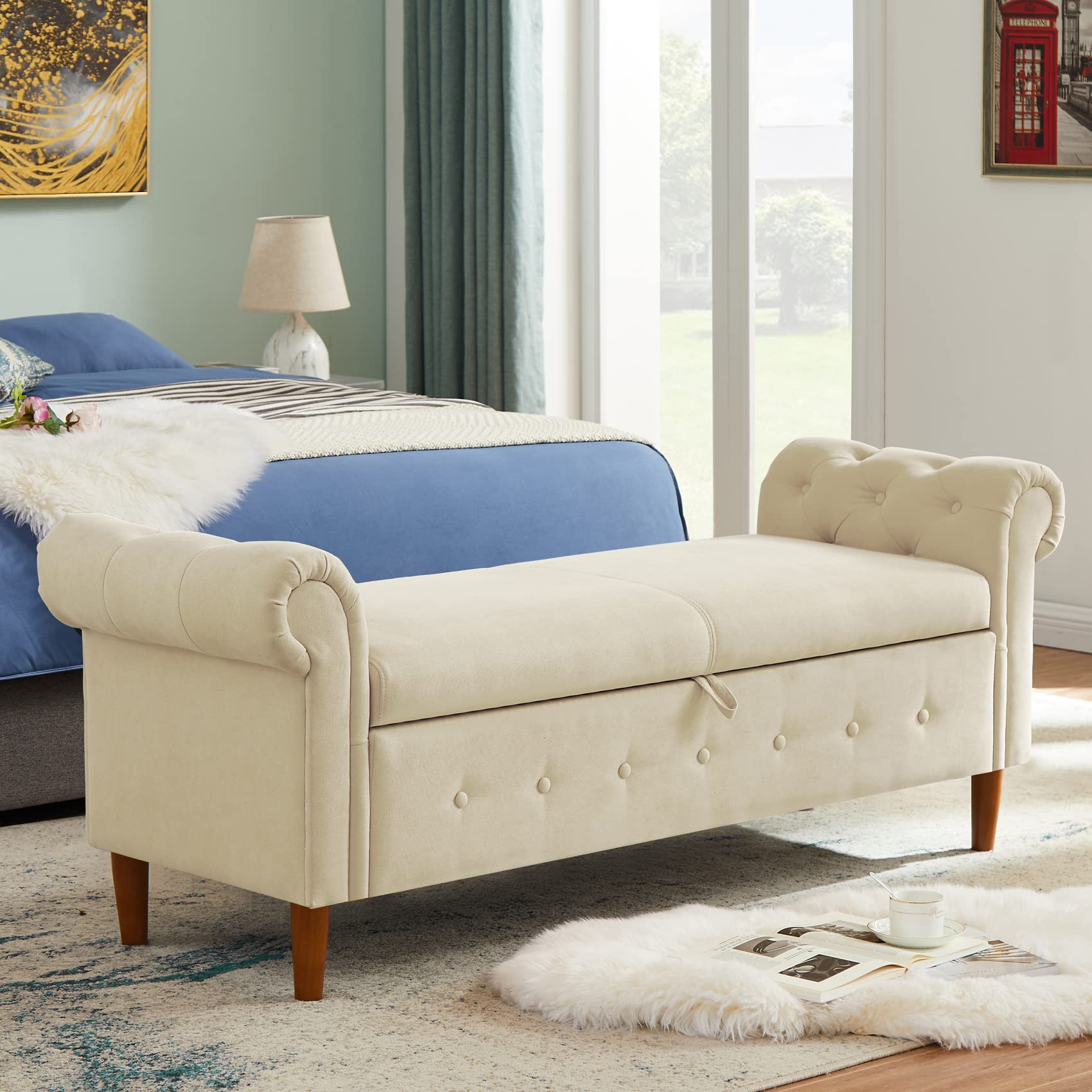 Aoowow Storage Bench with Rolled Arms - Linen Fabric Ottoman for Bedroom, End of Bed, Window Seat, or Fireplace - Beige Toy Storage Bench for Living Room, Nursery, or Entryway