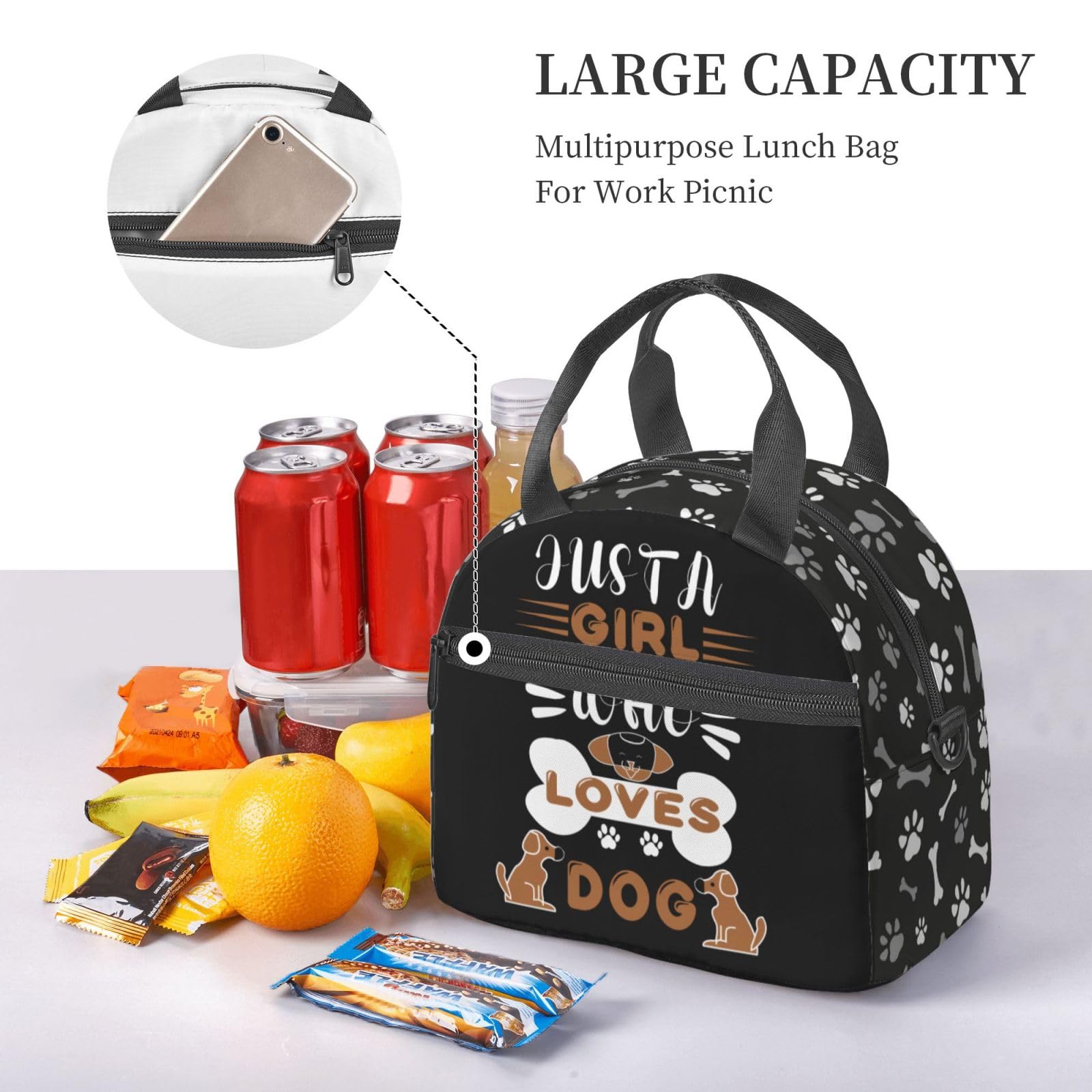 Insulated Reusable Lunch Bag for Dog Lovers - Paws & Bones Design, Adjustable Shoulder Strap for Office, Picnic & Travel - Perfect Lunchbox Container for Work, School & Outdoor Activities