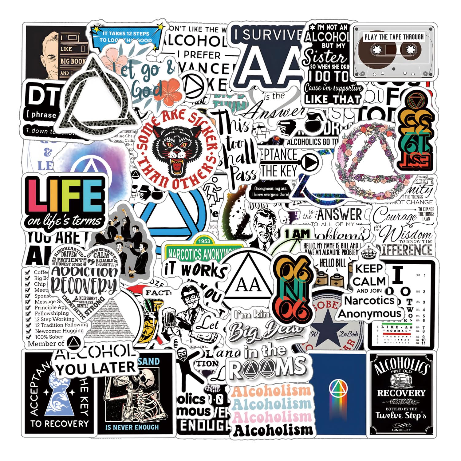 62Pcs Alcoholics Anonymous AA Stickers Pack - Aesthetic Vinyl Waterproof Decals for Water Bottles, Laptops, Phones, Skateboards | Perfect for Scrapbooking, Bumper Decor & Party Supplies | Great Gift for Teens & Adults | Motivational Recovery Stickers for AA Members & Supporters