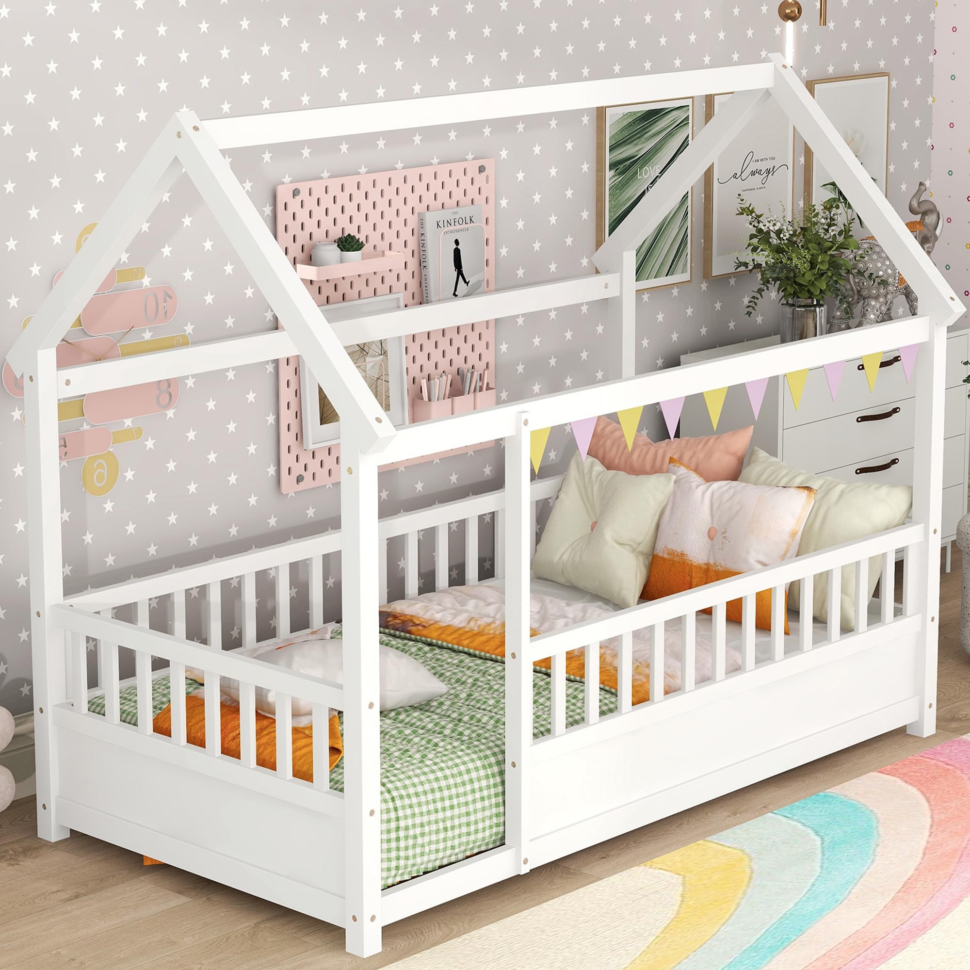 Montessori Twin Size Floor Bed for Kids - Sturdy Wooden House Bed with High Safety Fence for Boys & Girls - No Slats Design - White Twin Bed - Perfect for Montessori Bedrooms, Playrooms & Safe Toddler Sleeping Spaces