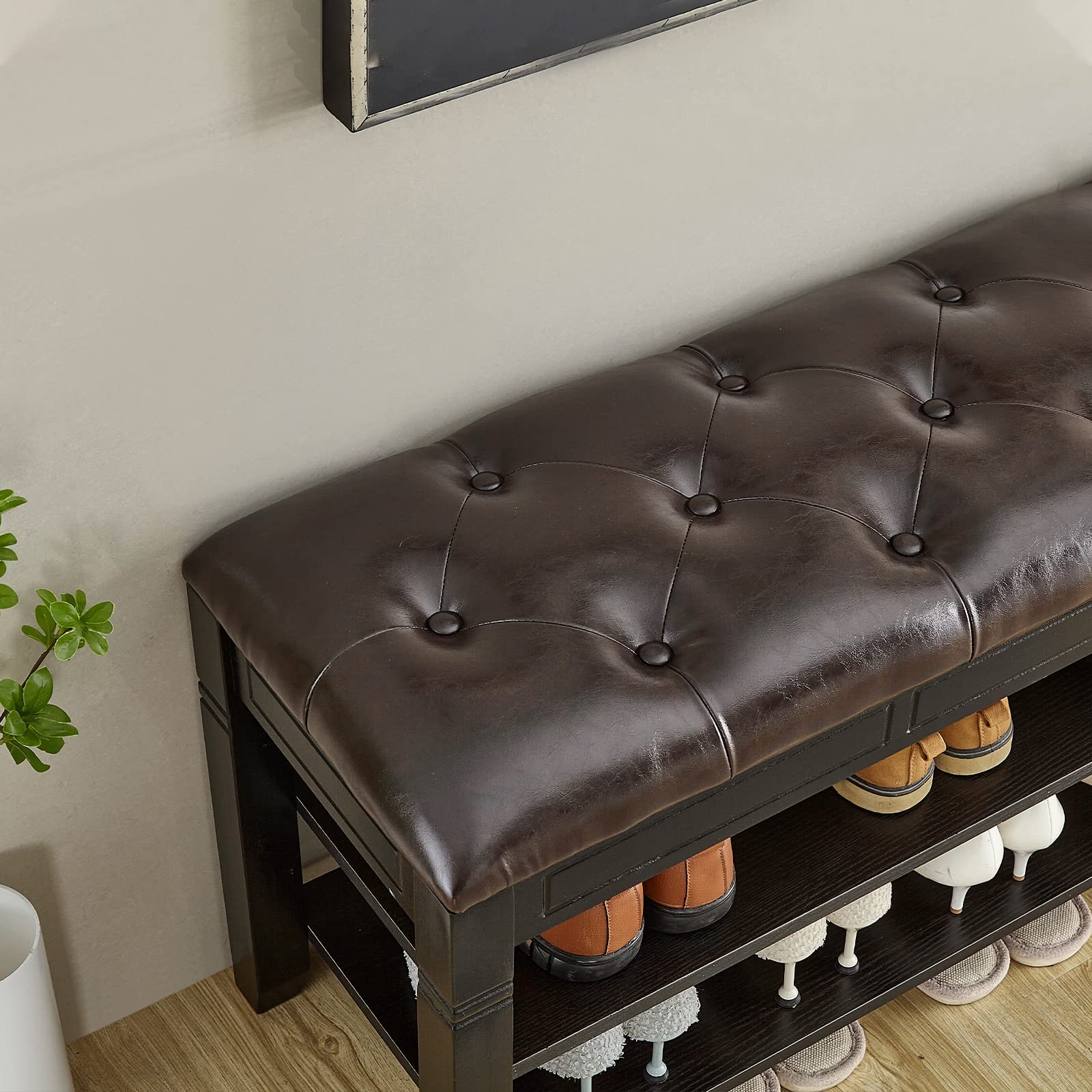 LEILISI 2-Tier Shoe Bench with Cushion & Lift Top Storage | Wooden Entryway Shoe Organizer for Living Room, Bedroom & Hallway (Black, 31.5