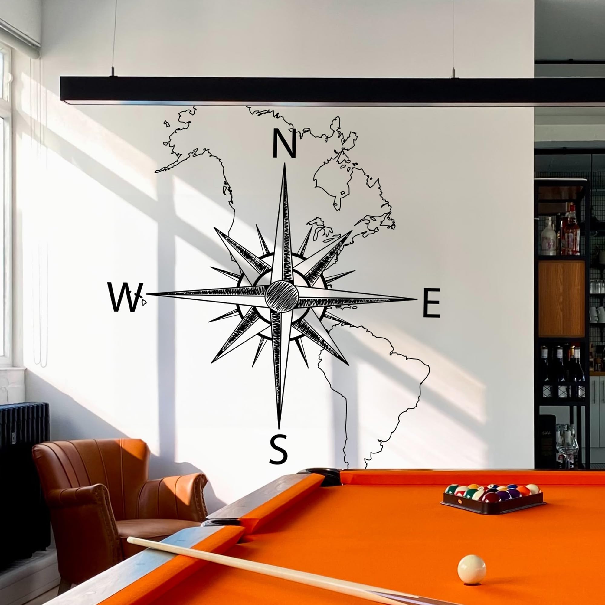 North & South America Vinyl Wall Art Map with Compass Decal - Black 72x57 Inch, Easy Apply & Removable Wall Sticker for Home, Office, Classroom, or Nursery Decor