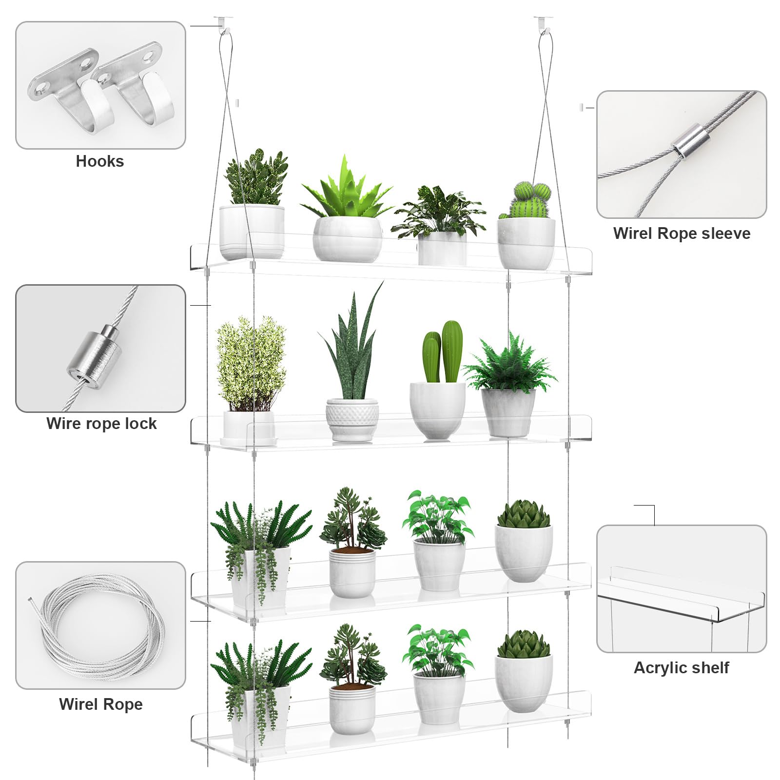 4-Tier Clear Acrylic Hanging Plant Shelf for Windows - 16 Inch per Tier - Perfect for Indoor Gardens, Succulents, Herbs & Flower Pots - Ideal for Kitchen, Living Room & Balcony Plant Display