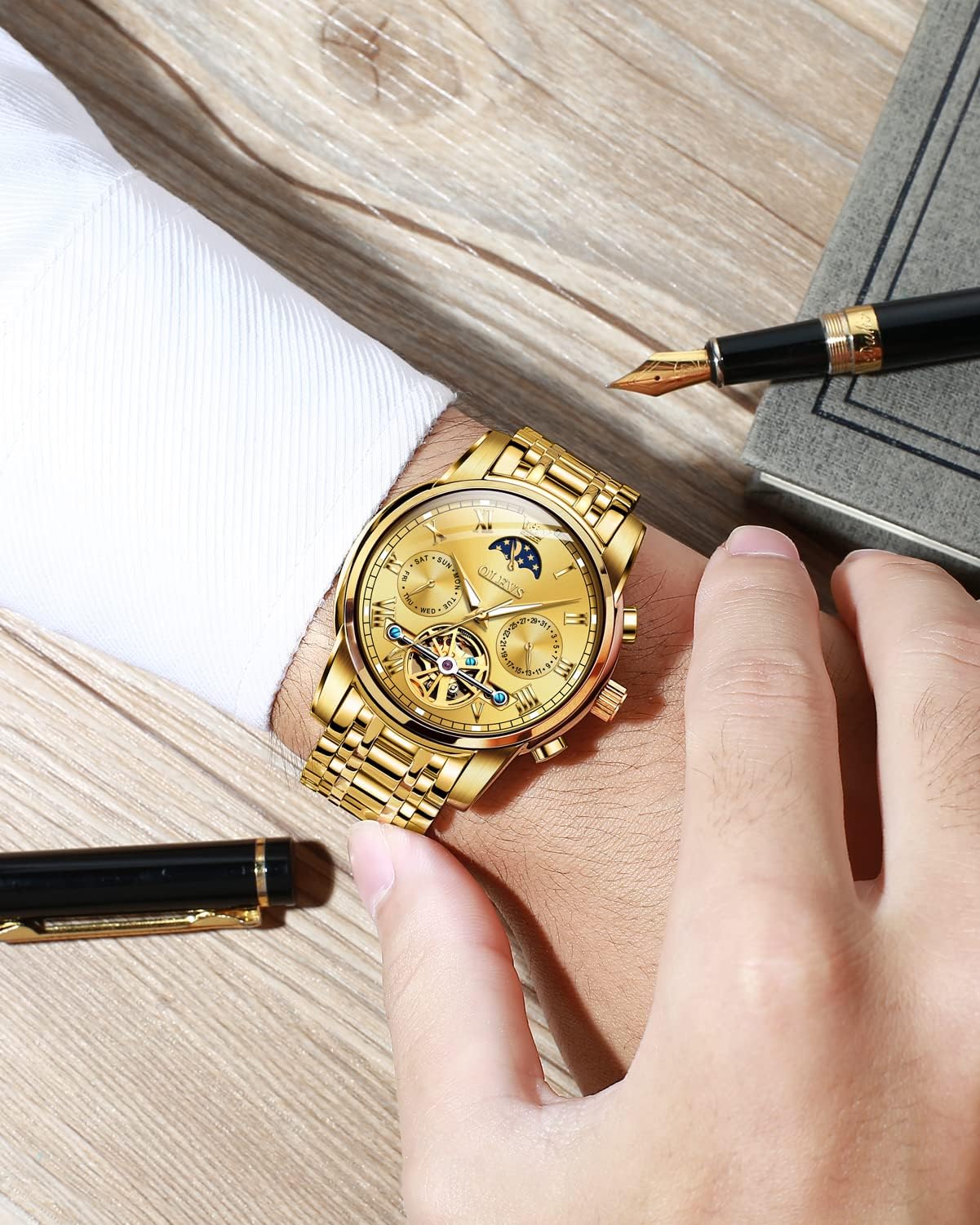 OLEVS Men's Automatic Skeleton Tourbillon Mechanical Watch - Self Winding Luxury Dress Watch with Moon Phase, Day Date, Waterproof & Luminous - Perfect for Business, Formal Events & Gifts for Him