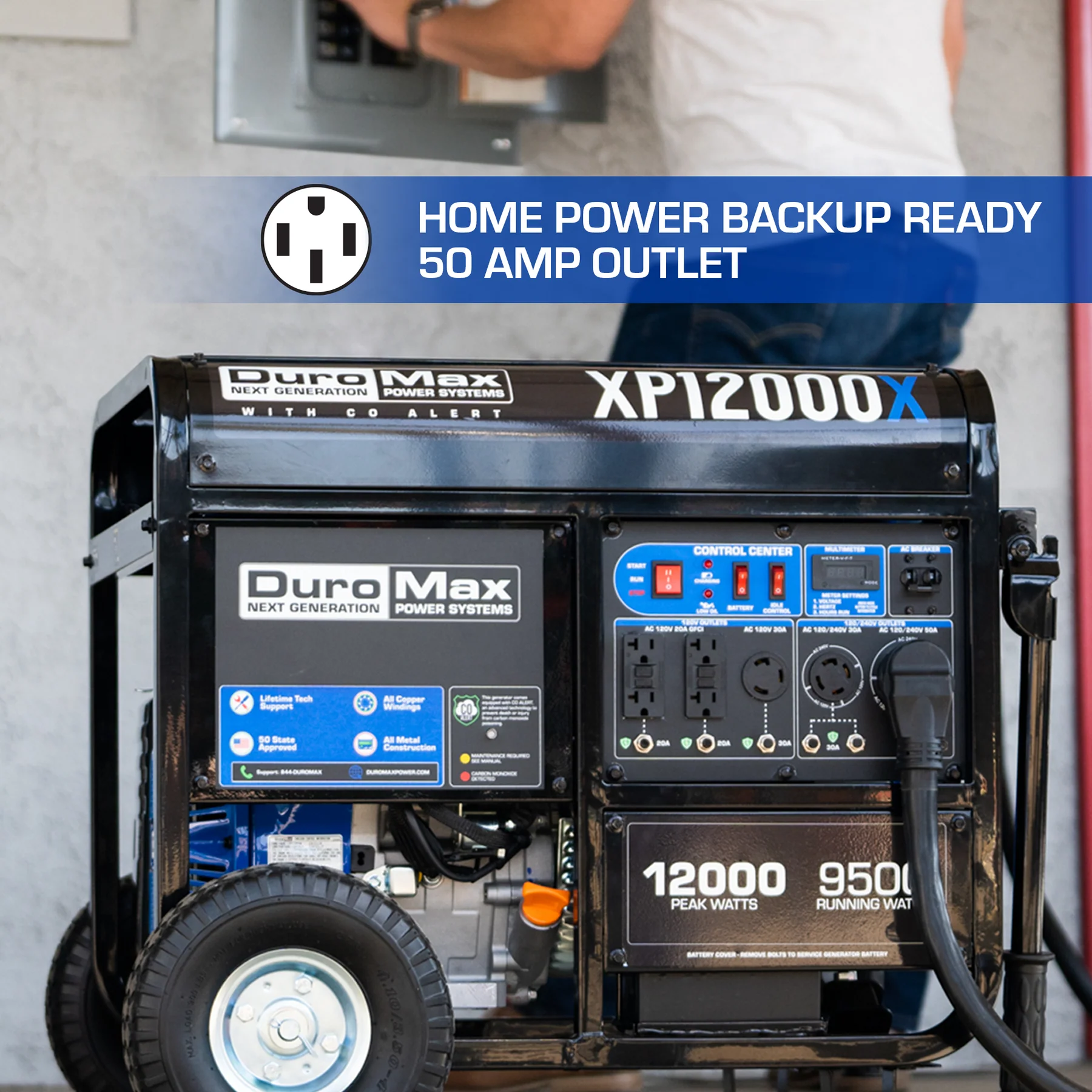 DuroMax XP12000X 9500W/12000W Dual Fuel Portable Generator with Electric Start & CO Alert - Power Outages, Camping, RV, Job Sites, Emergency Backup