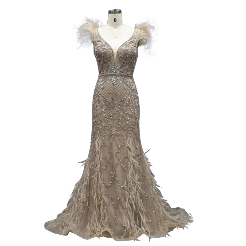 Serene Hill Lilac Mermaid V-Neck Evening Dress 2025 with Feathers & Beading - Luxury Sexy Formal Gown for Prom, Wedding & Red Carpet Events | LA70572