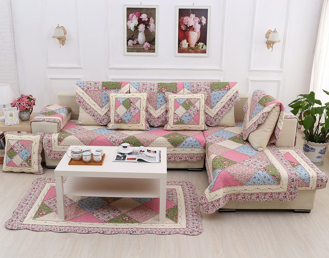 Floral Patchwork Cotton Sofa Cover - Anti-Slip Embroidered L-Shaped Sectional Couch Cover, Super Soft Quilted Thick Sofa Slipcover for Pets & Kids (Pink, 28x28 inches) - Perfect for Living Room, Family Room & Pet-Friendly Homes