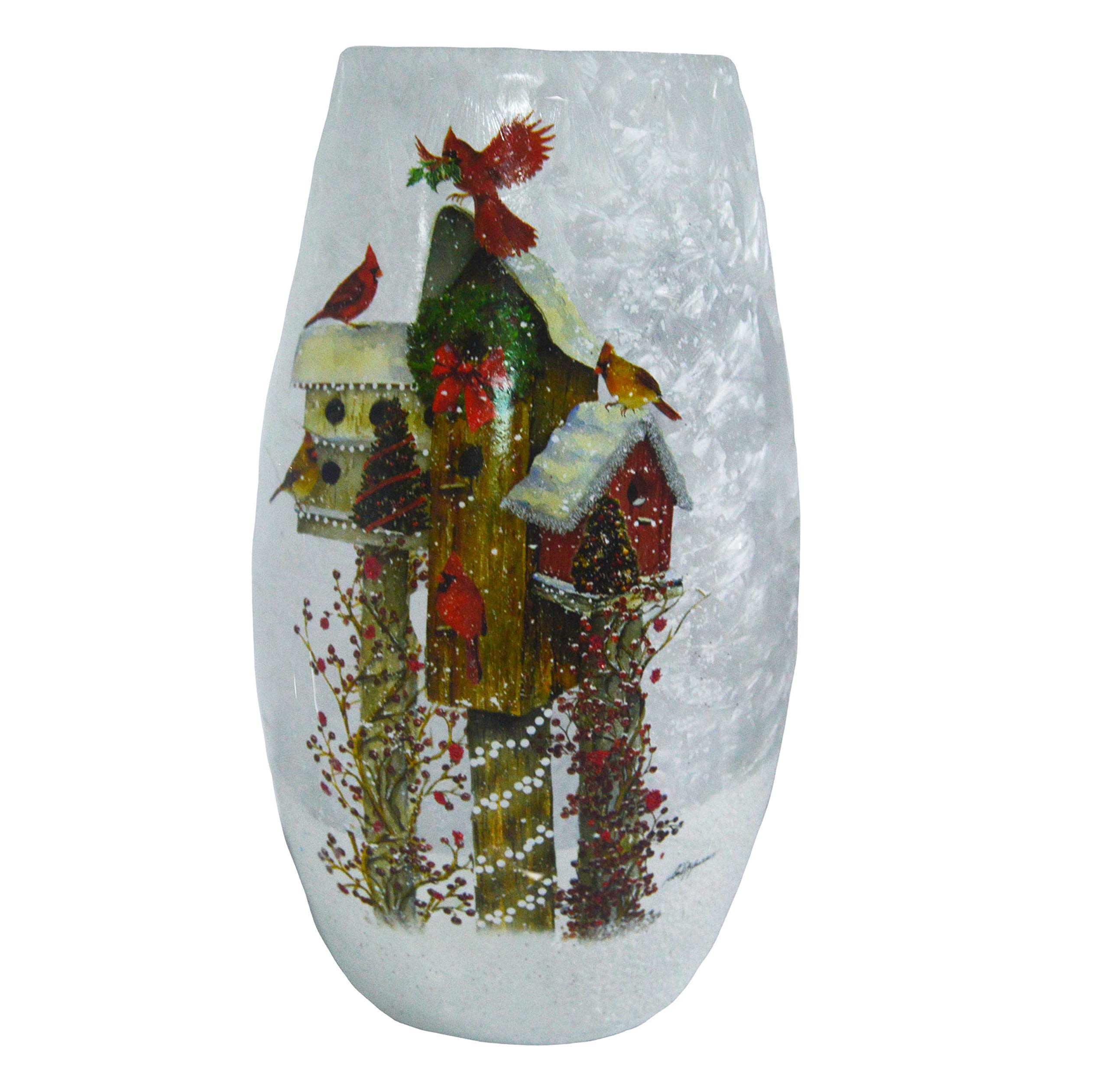 Stony Creek 7-Inch Frosted Glass Lighted Vase with Mixed Birdhouses - Elegant Home Decor for Wedding Centerpieces, Tabletop Display & Holiday Lighting