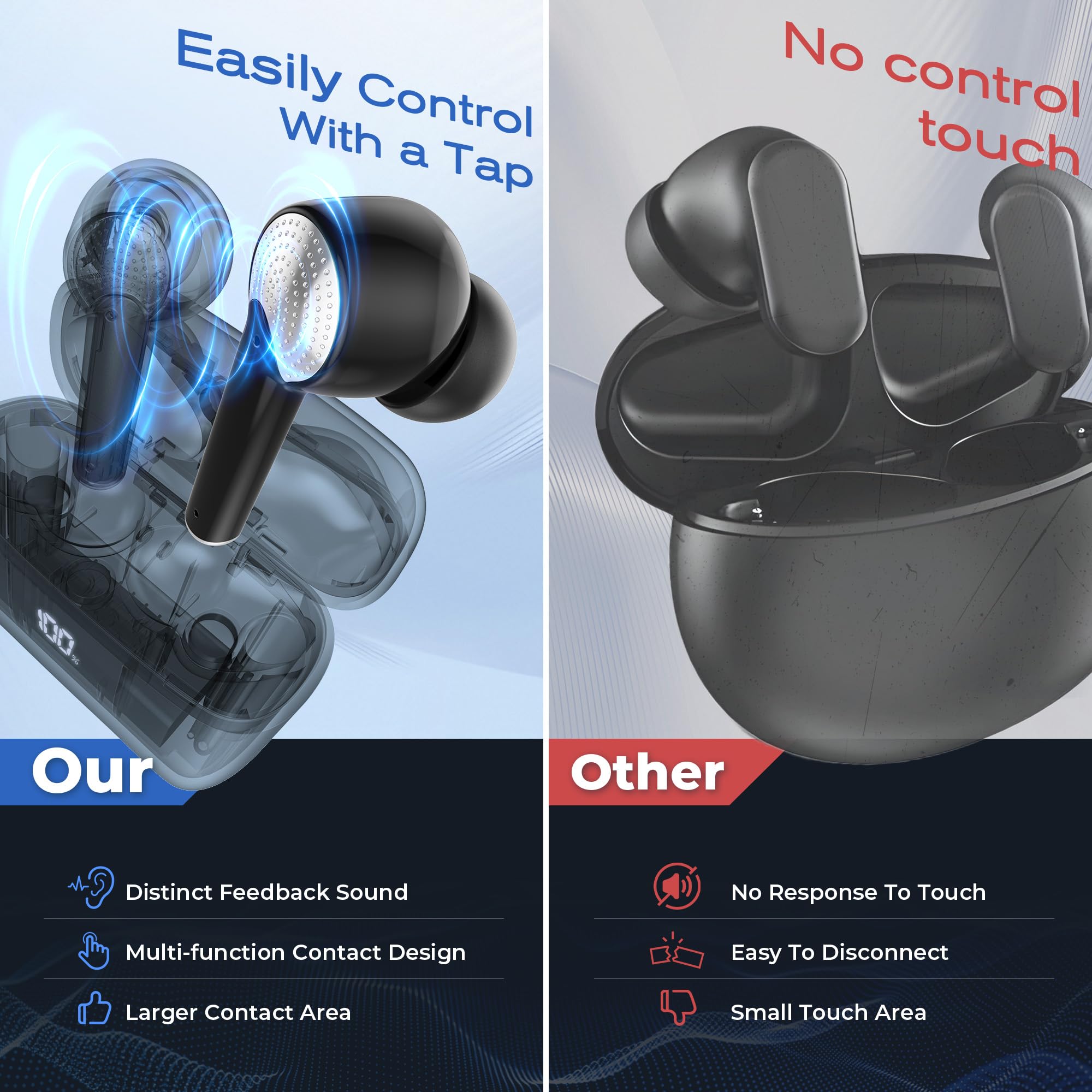 Wireless Bluetooth Earbuds with Noise Cancellation - 151H Long Battery Life True Wireless Earphones for iPhone, Android, Laptop, Tablet - Perfect for Workouts, Commuting & Travel