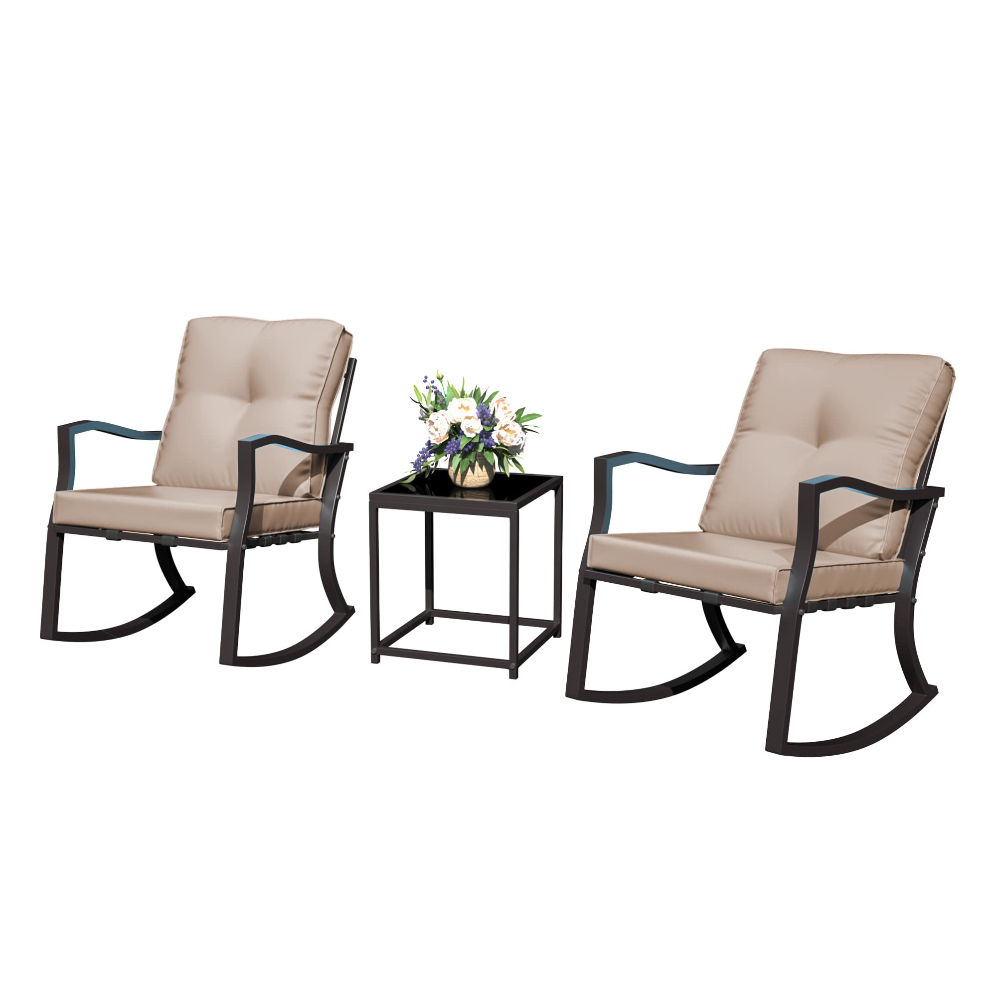 RTDTD 3-Piece Outdoor Rocking Chair Set - Modern Patio Furniture with Coffee Table & 2 Thick Sand Cushions - Perfect for Garden, Poolside, Backyard Relaxation & Outdoor Conversations