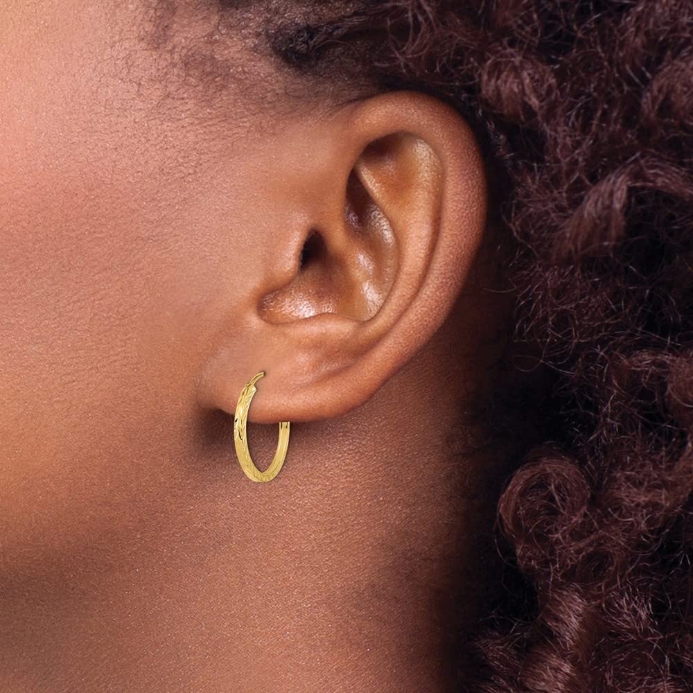 14K Yellow Gold Diamond-Cut Square Tube Endless Hoop Earrings for Women - 0.67 Inch Length & Width - Elegant Everyday Jewelry for Work, Parties & Special Occasions