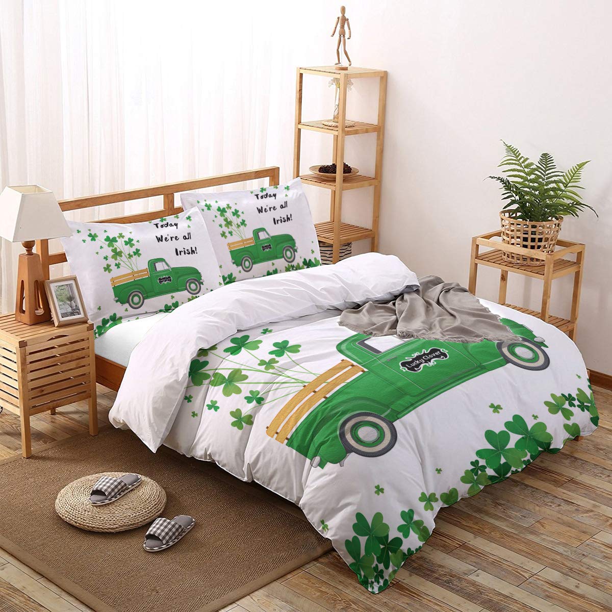 4-Piece St. Patrick's Day Duvet Cover Set - Green Truck Shamrock Design Twin Size Bedding (1 Duvet Cover, 1 Flat Sheet, 2 Pillow Shams) for Kids & Adults | Perfect for Irish-Themed Bedrooms, Holiday Decor & Cozy Seasonal Bedding