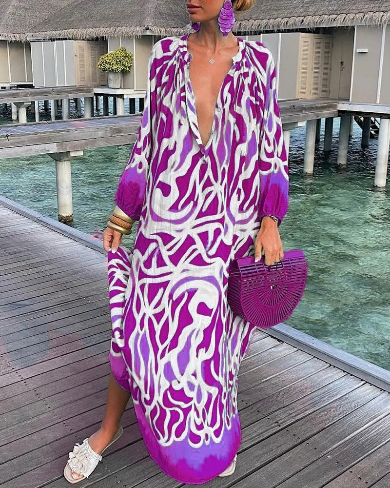 Lovevop Black Friday Sale - Sexy Casual Long Sleeve Maxi Dress for Women, Abstract Print Lantern Sleeve Shirt Dress with Round Neck - Perfect for Date Night, Party or Office Wear