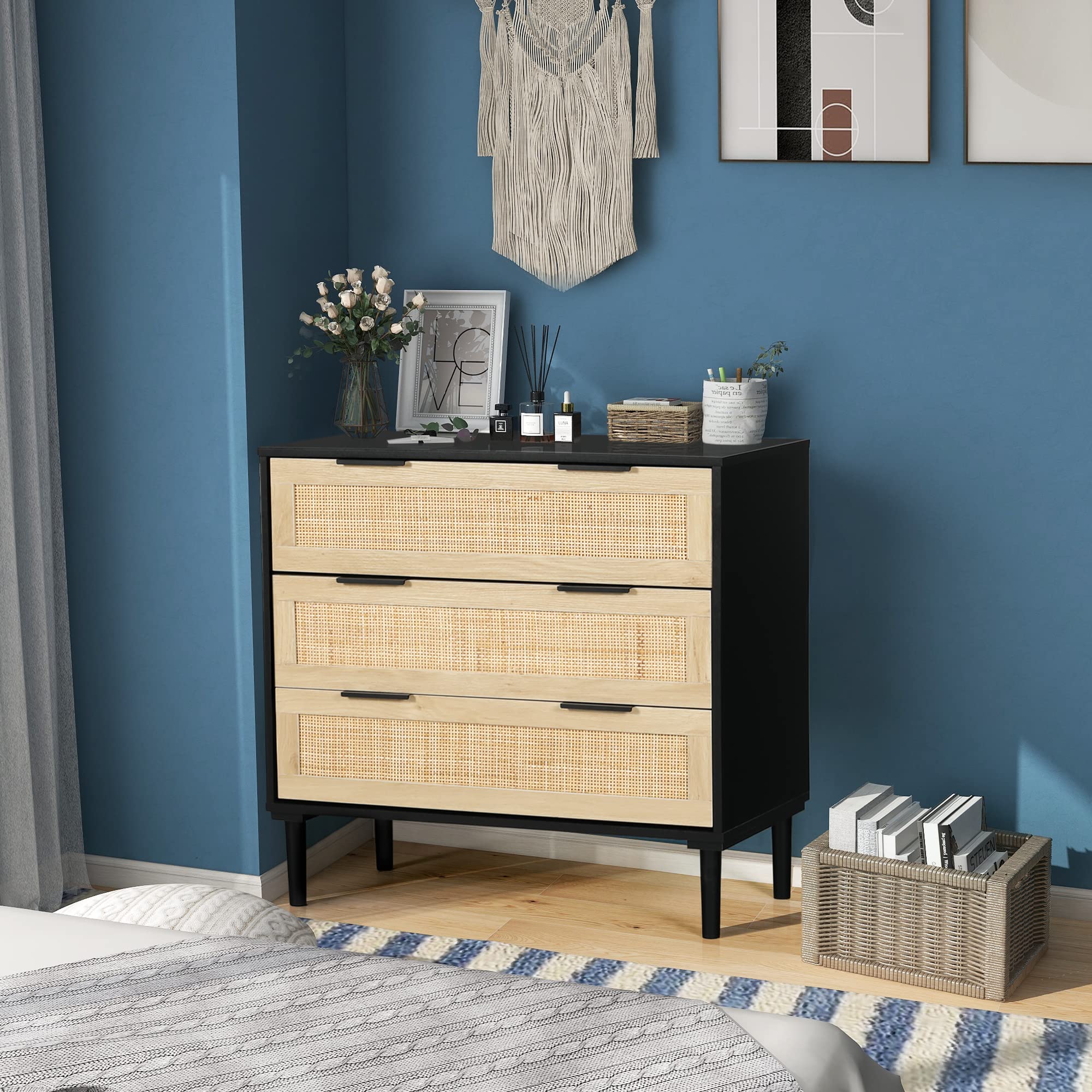 Modern Rattan 3-Drawer Dresser - Bedroom Storage Cabinet for Home & Office